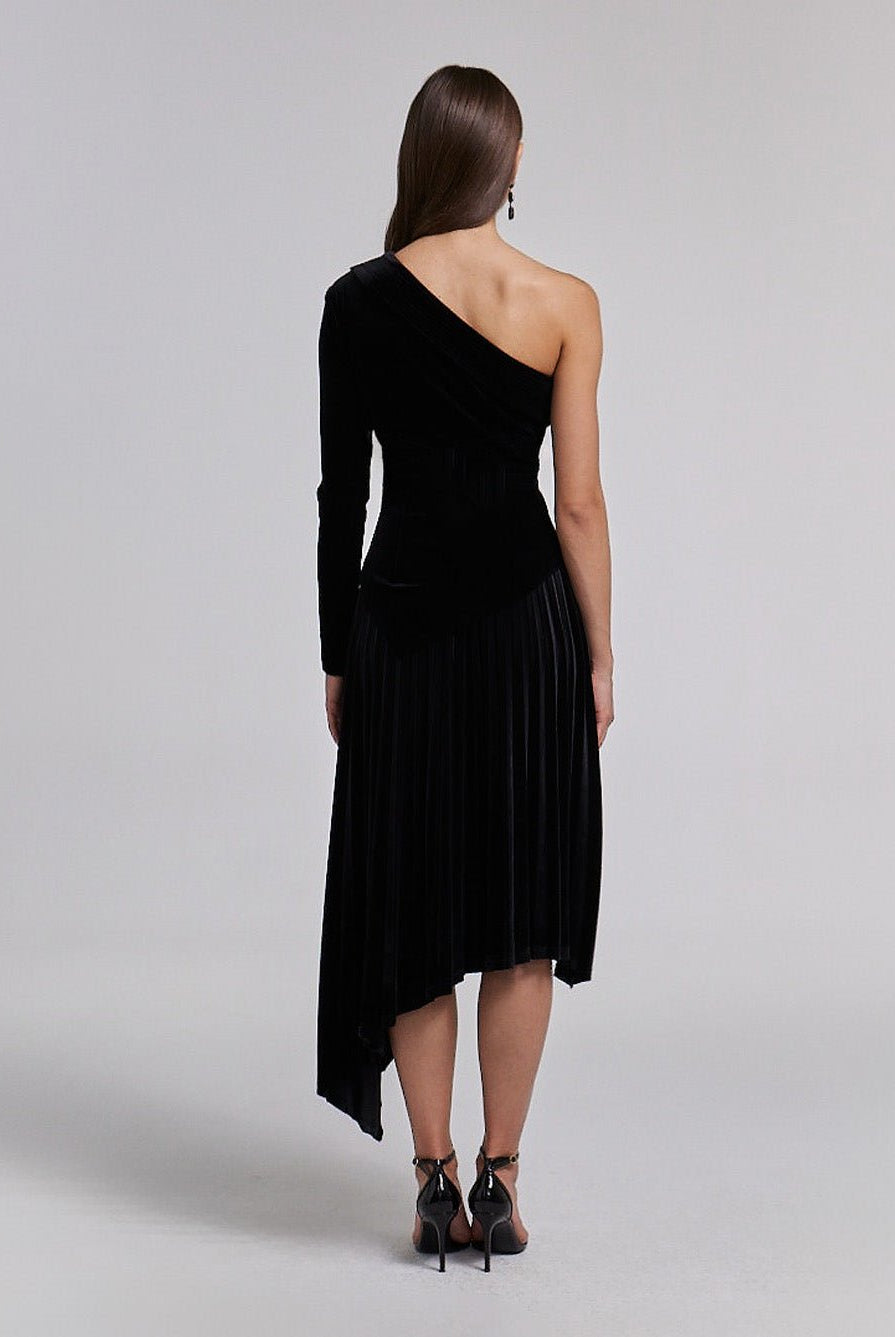 One - Shoulder Velvet Dress with Asymmetric Hemline - shopaleena