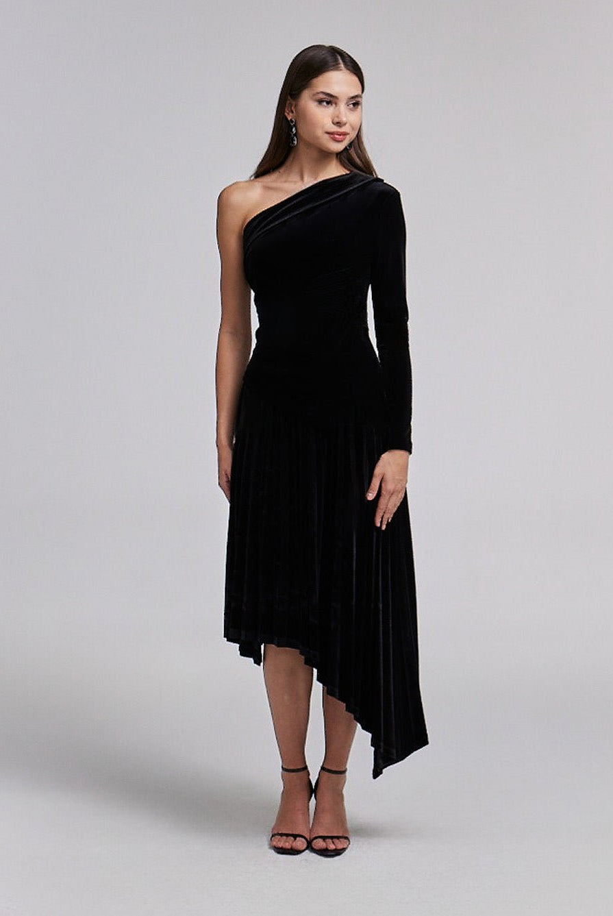 One - Shoulder Velvet Dress with Asymmetric Hemline - shopaleena