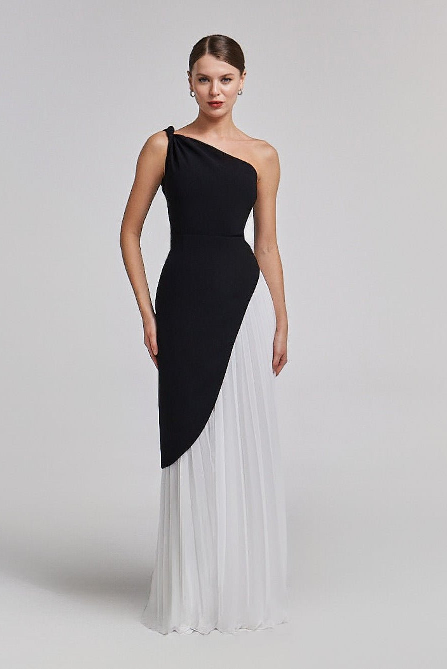 One - Sleeve Contrast Crepe Maxi Dress - shopaleena