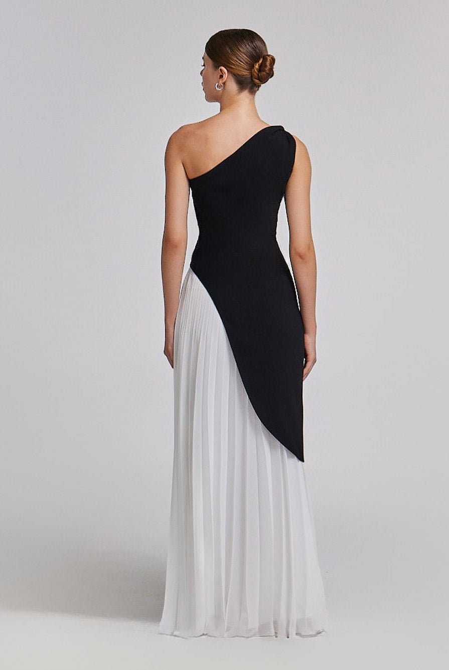 One - Sleeve Contrast Crepe Maxi Dress - shopaleena