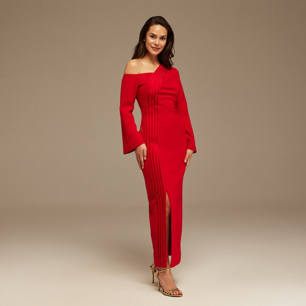 Open Shoulder Maxi Crepe Dress - shopaleena