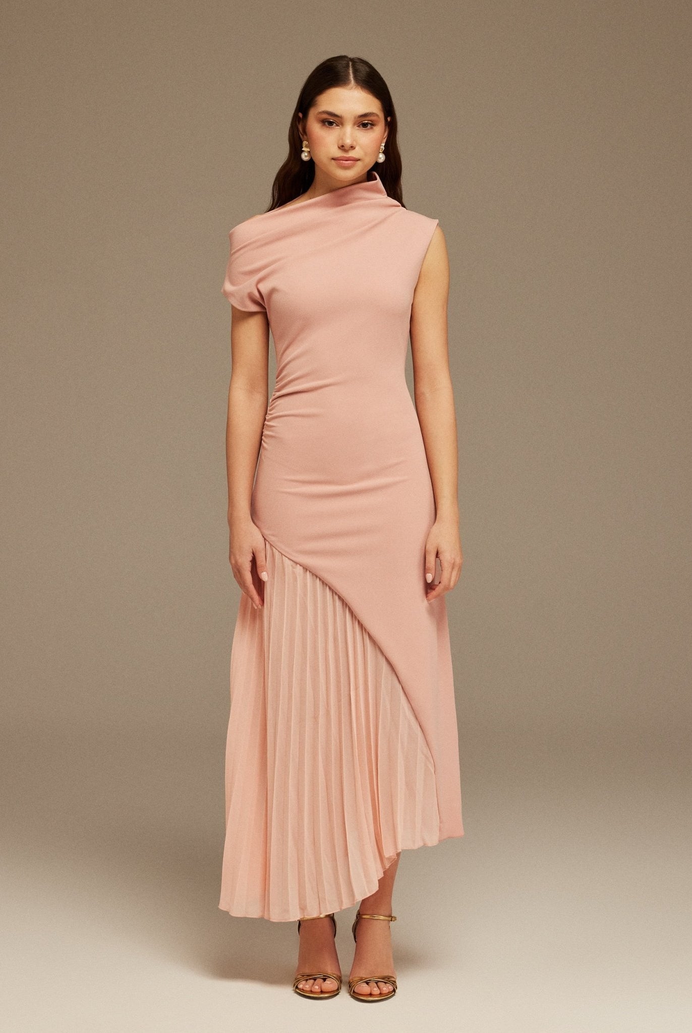 Pink Asymmetric Neckline Midi Dress with Pleats - shopaleena