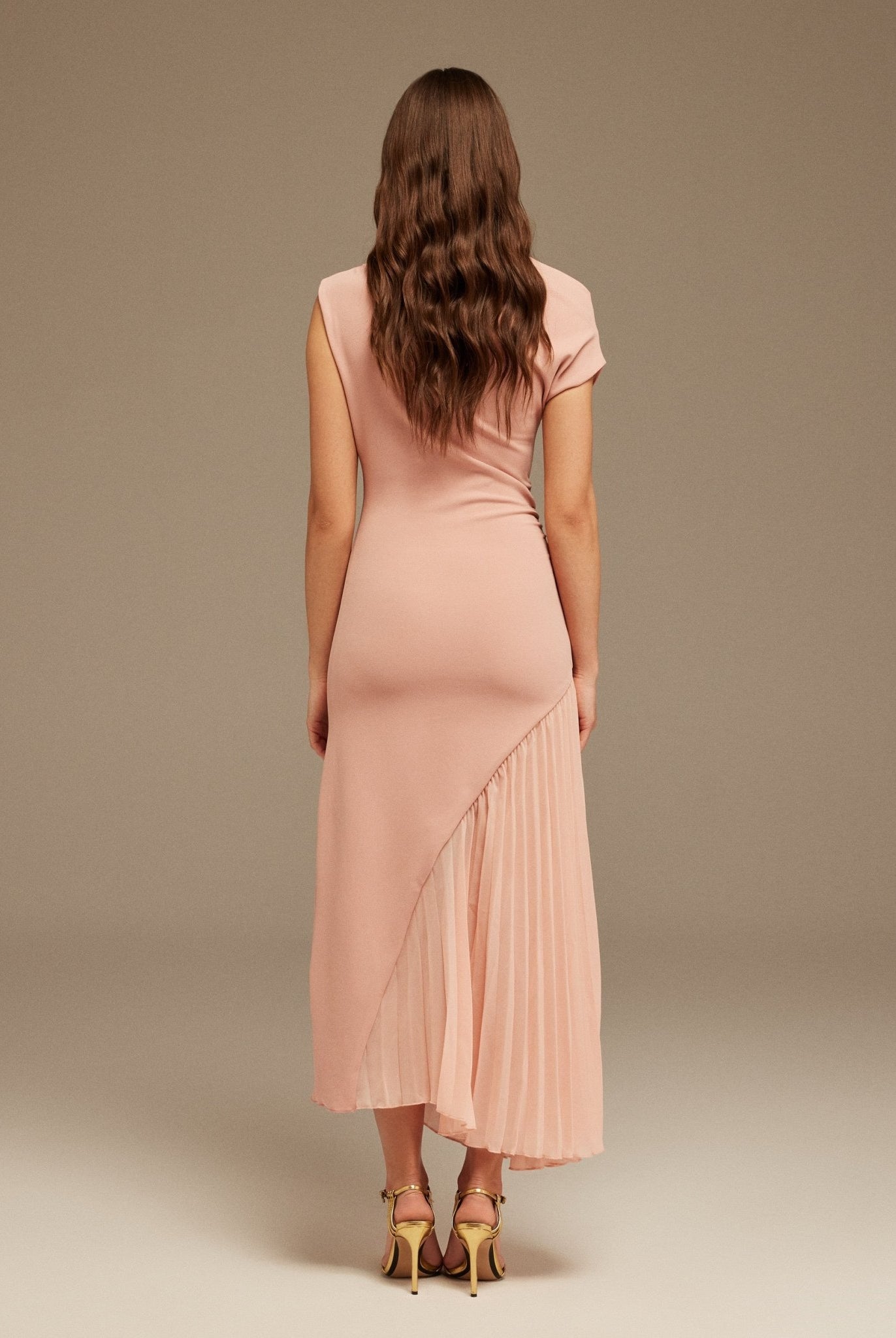 Pink Asymmetric Neckline Midi Dress with Pleats - shopaleena