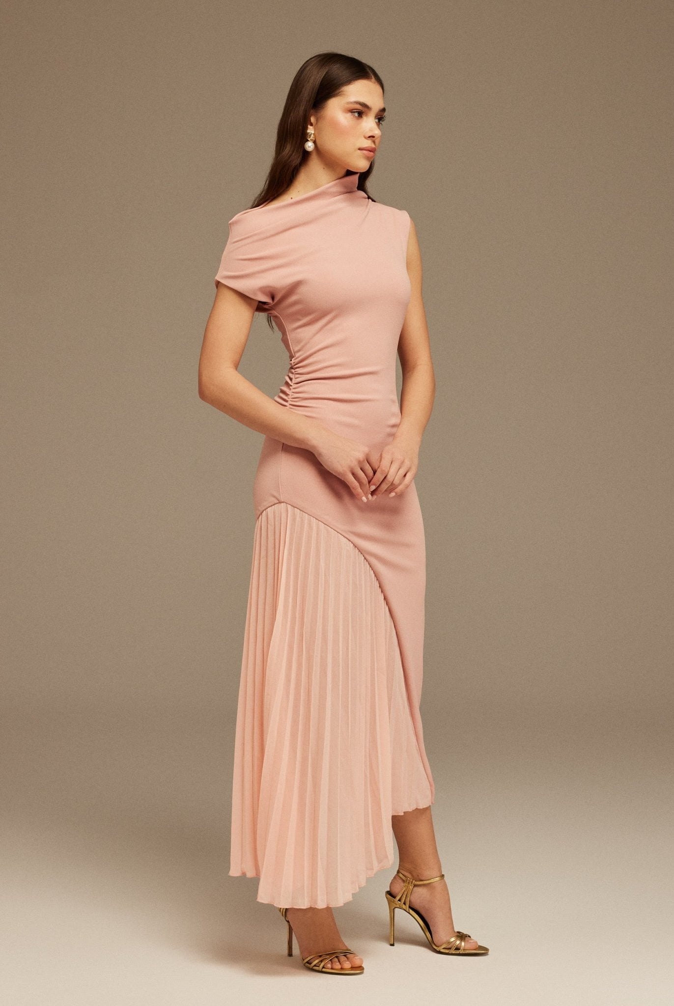 Pink Asymmetric Neckline Midi Dress with Pleats - shopaleena
