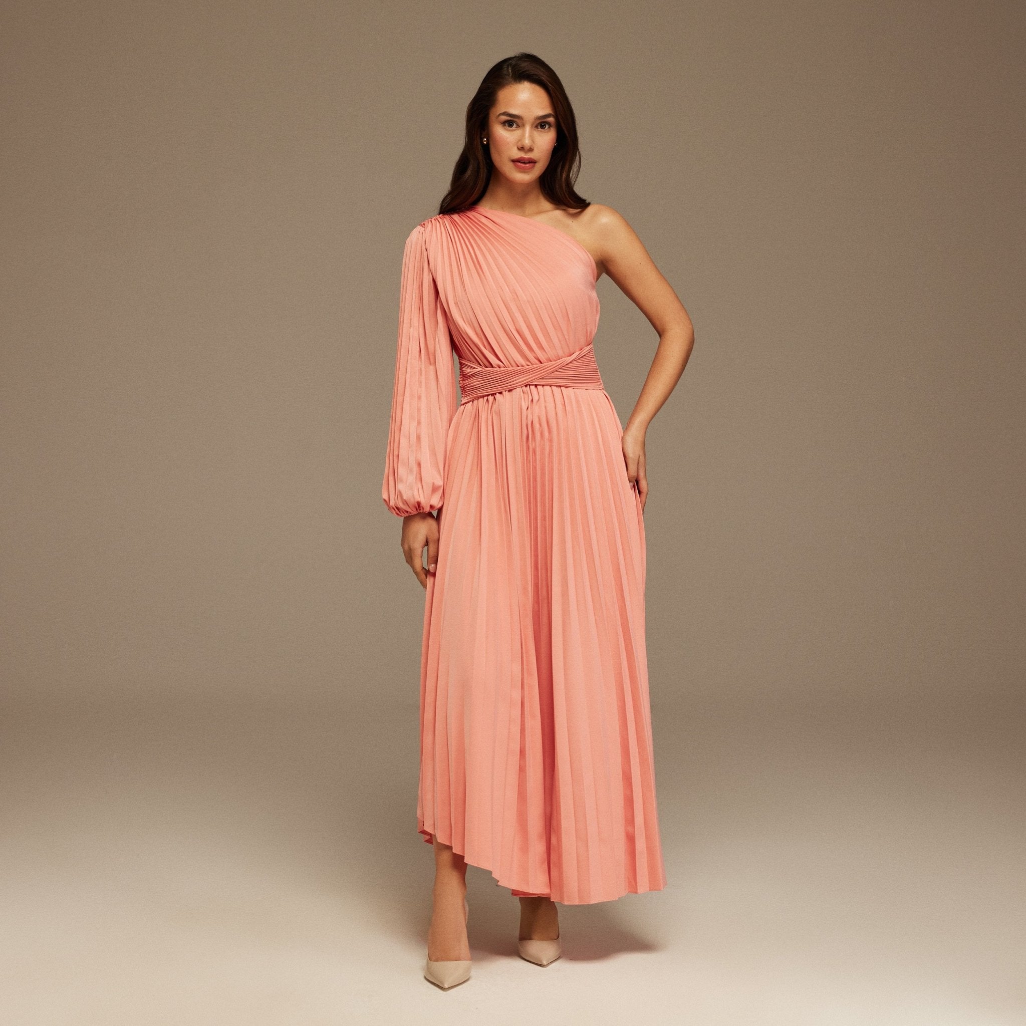 Pink Asymmetric One Sleeve Pleated Long Dress – shopaleena