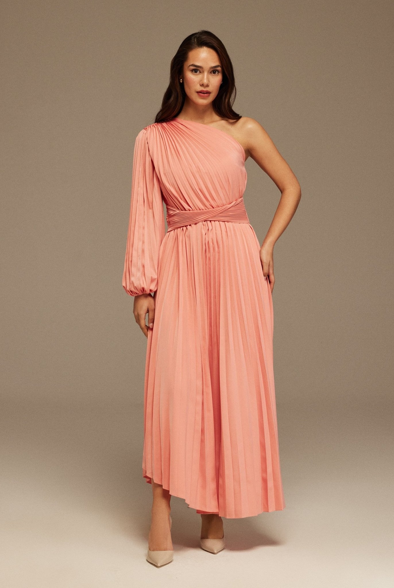 Pink Asymmetric One Sleeve Pleated Long Dress - shopaleena