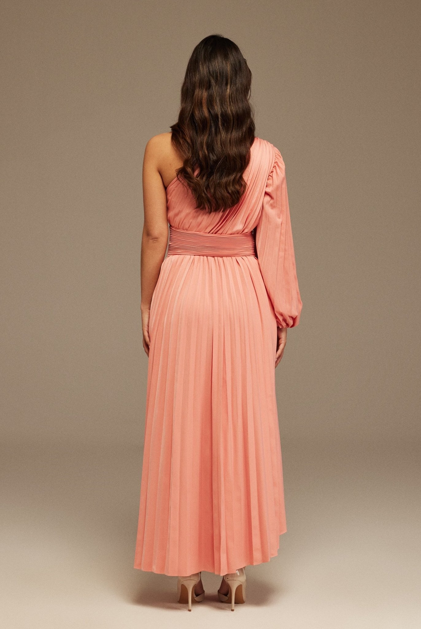 Pink Asymmetric One Sleeve Pleated Long Dress - shopaleena