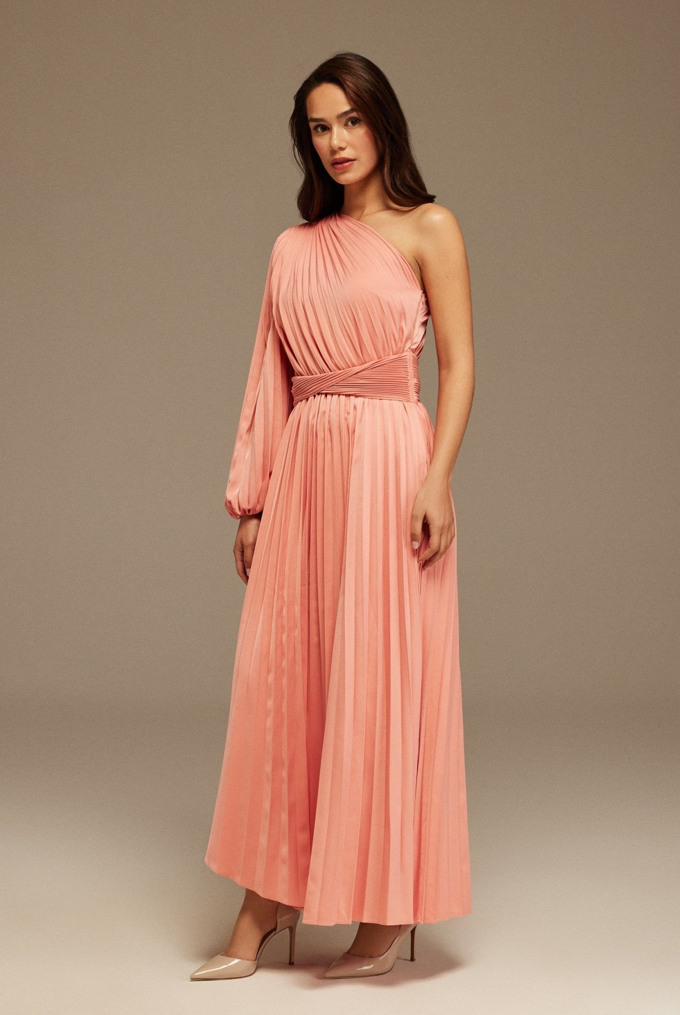 Pink Asymmetric One Sleeve Pleated Long Dress - shopaleena
