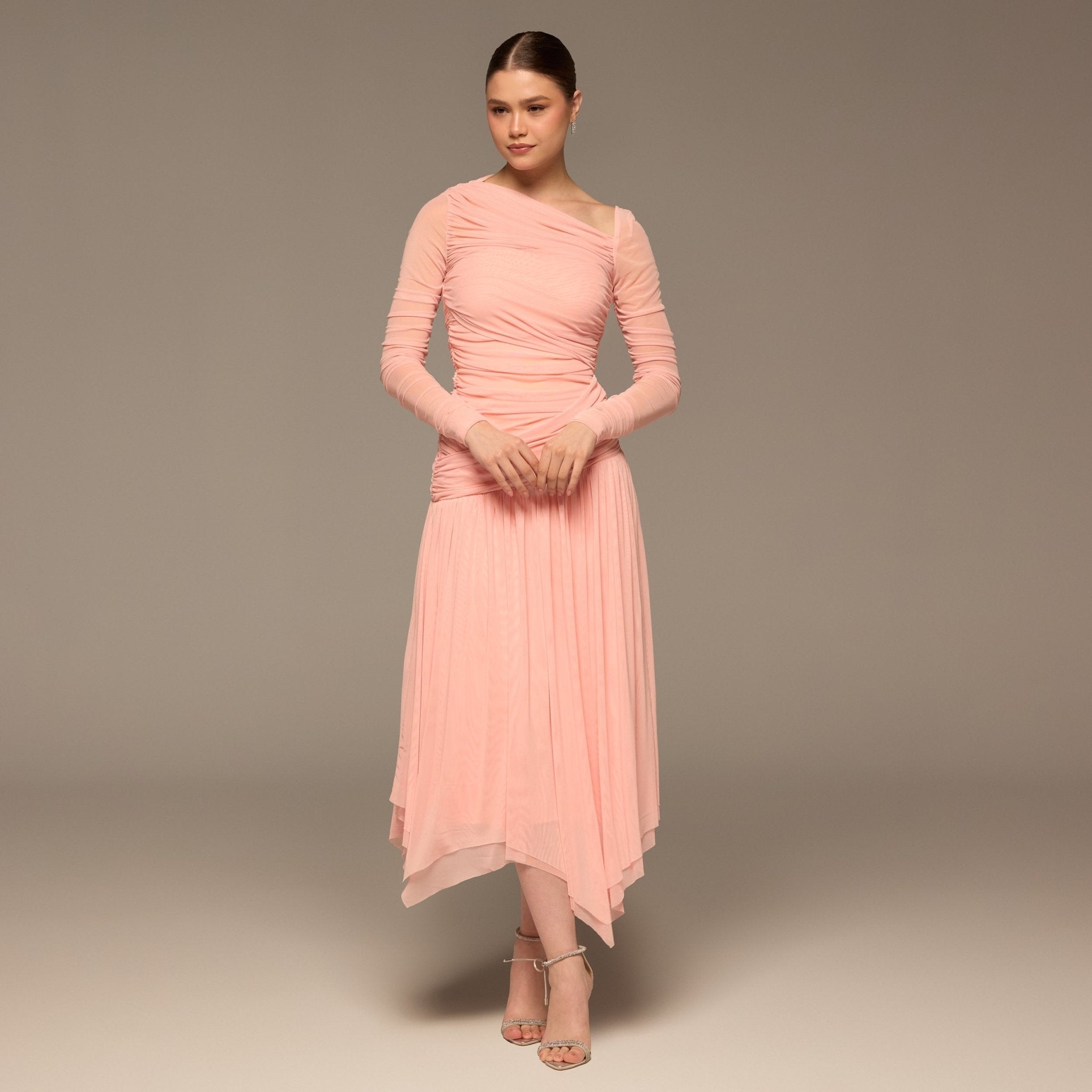 Pink Asymmetric Ruched Tulle Maxi Dress - shopaleena