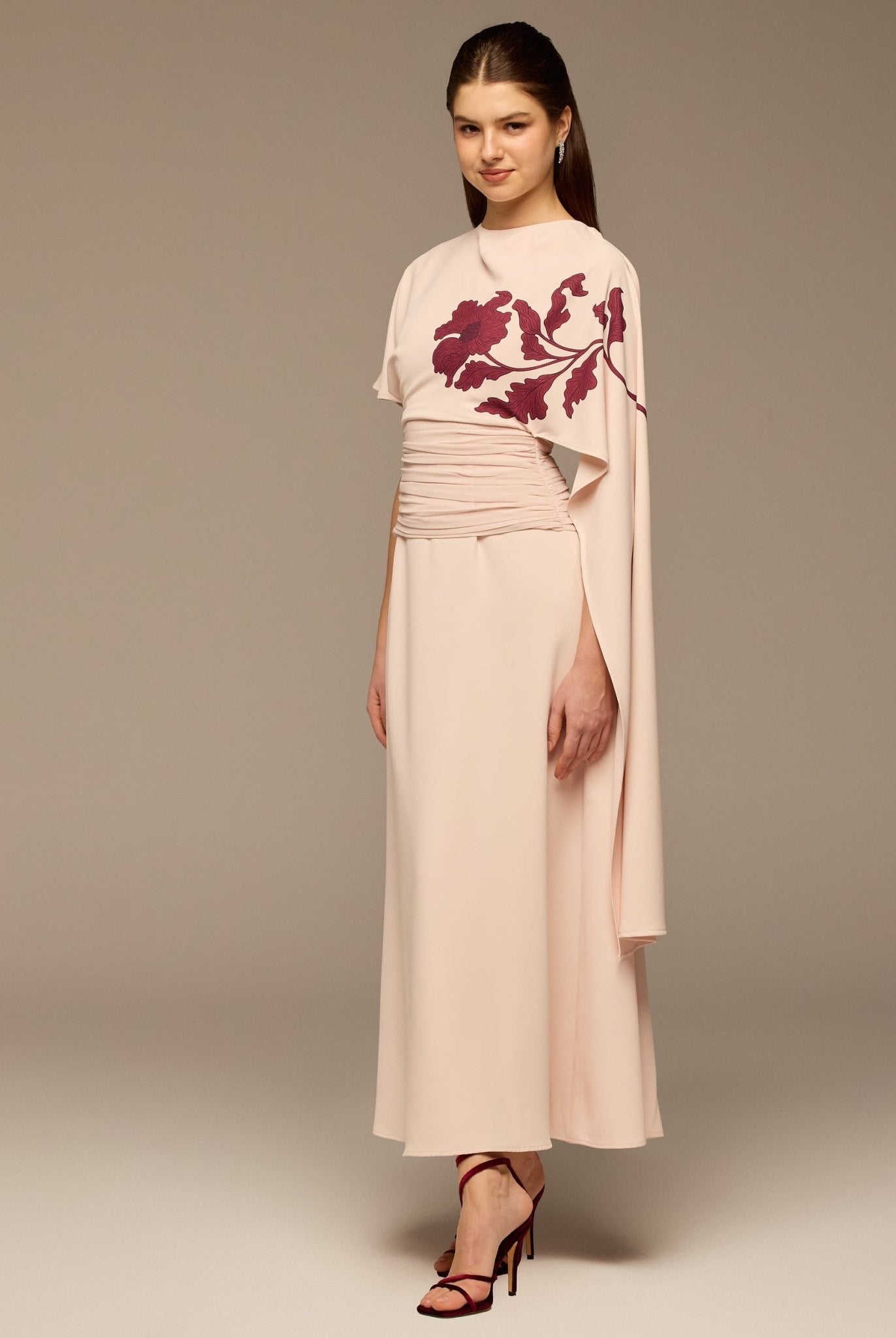 Pink Asymmetric Sleeve Crepe Dress - shopaleena