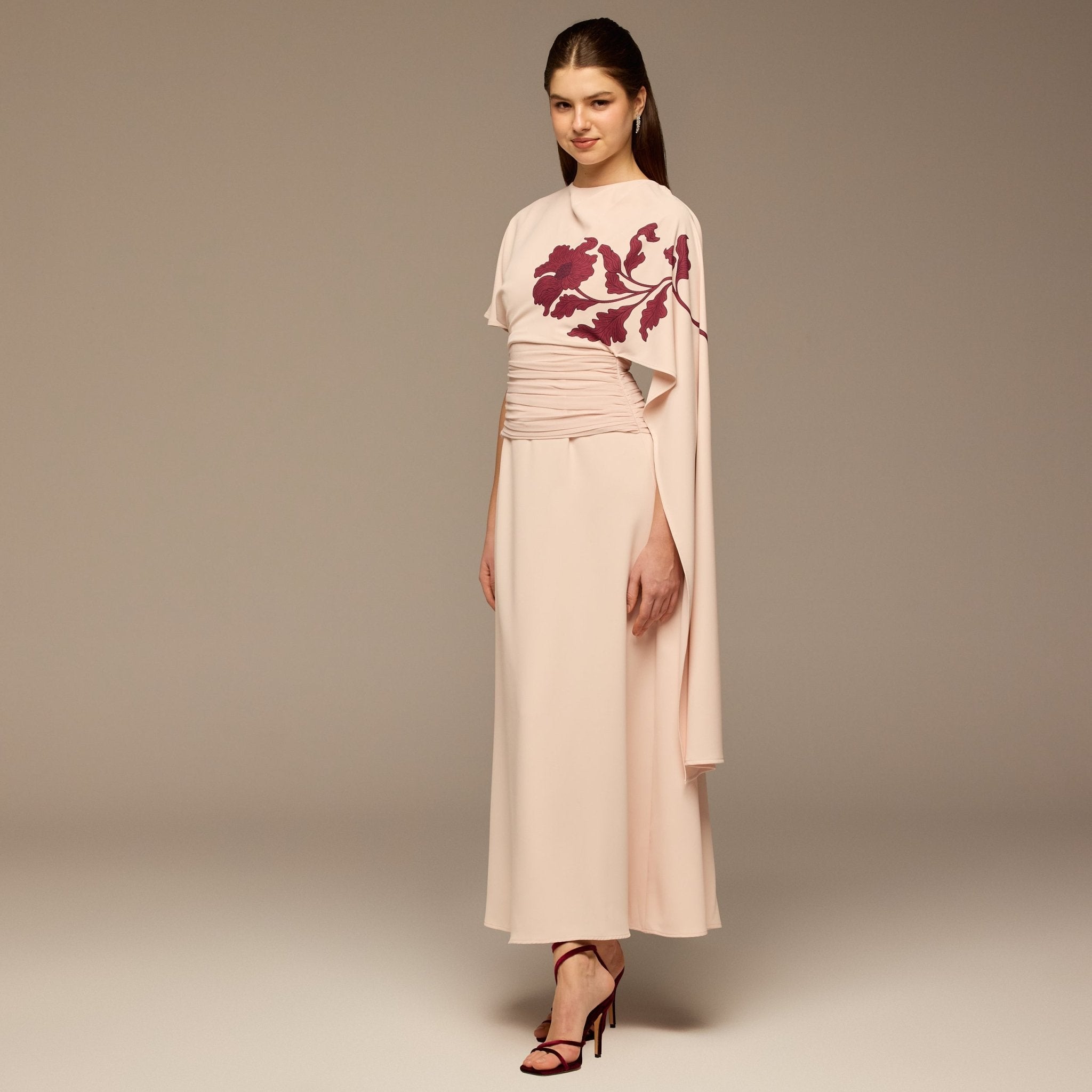 Pink Asymmetric Sleeve Crepe Dress - shopaleena