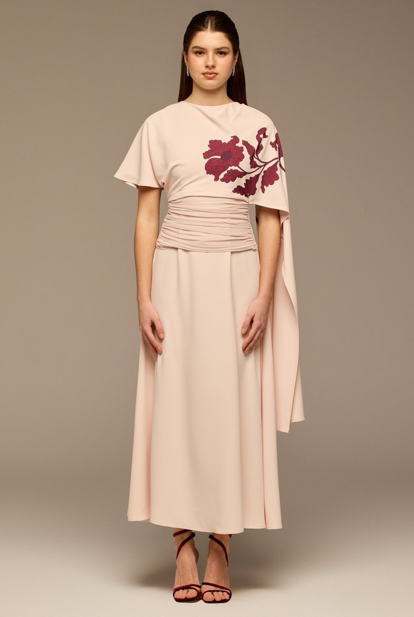 Pink Asymmetric Sleeve Crepe Dress - shopaleena