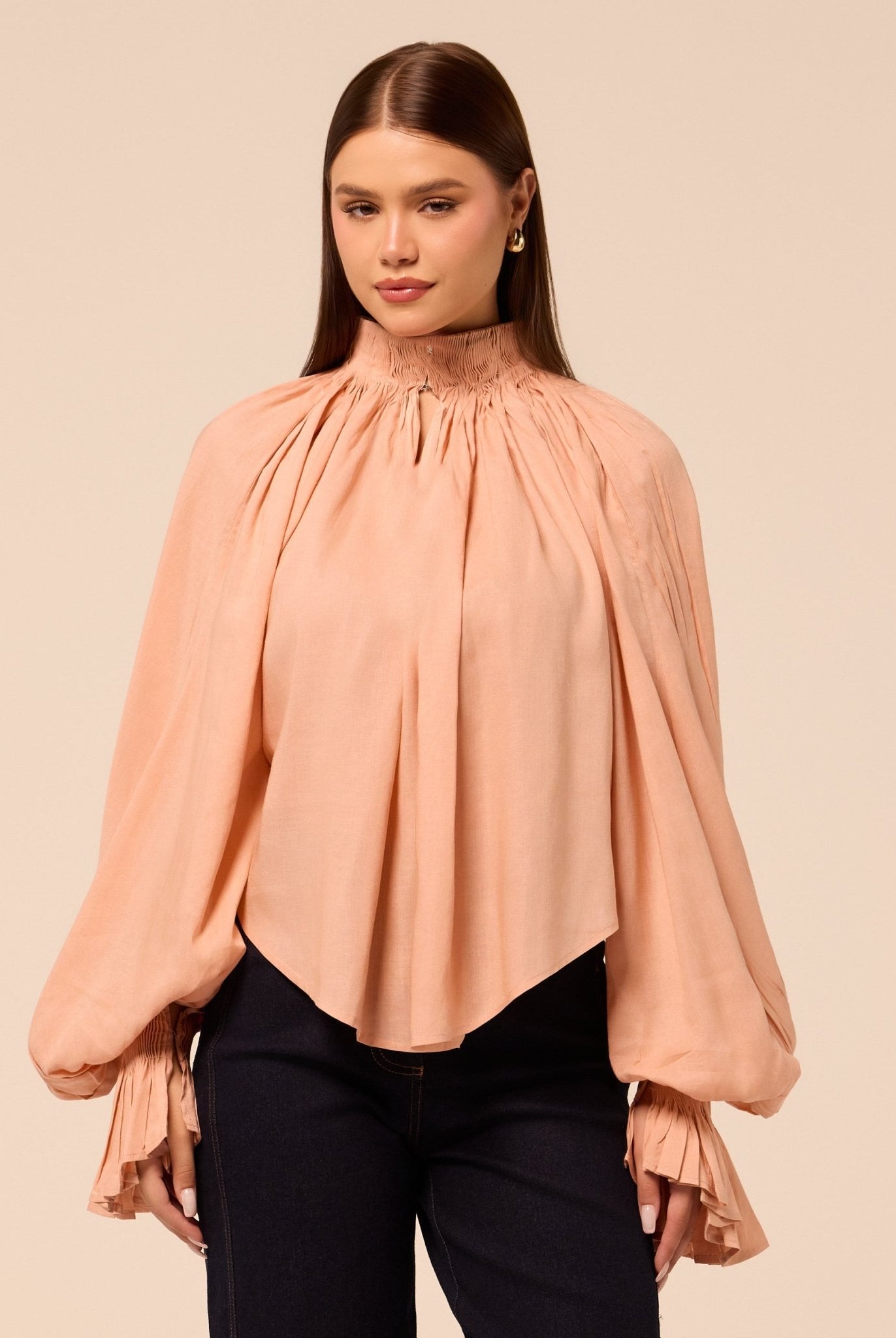 Pink Balloon Sleeve Smocked Linen Blouse - shopaleena