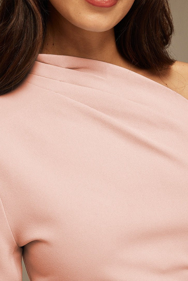 Pink Bare shoulder Crepe Midi dress - shopaleena