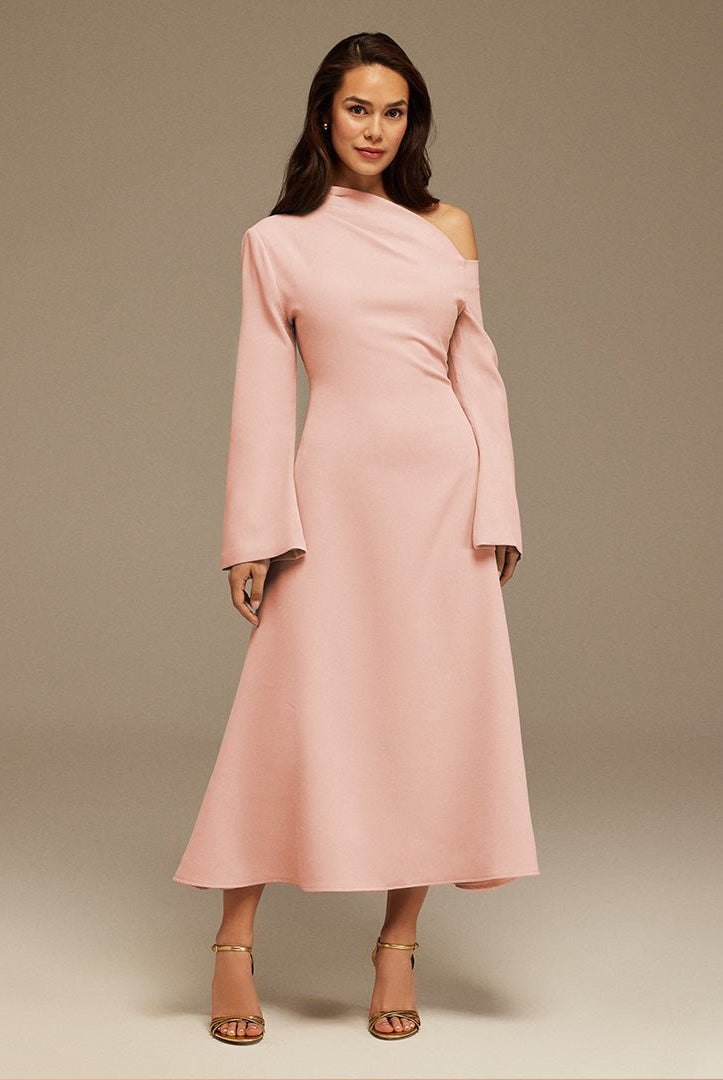 Pink Bare shoulder Crepe Midi dress - shopaleena