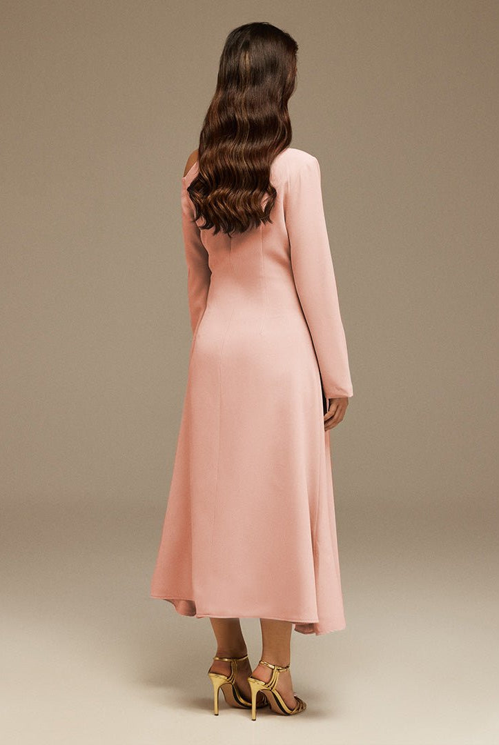 Pink Bare shoulder Crepe Midi dress - shopaleena