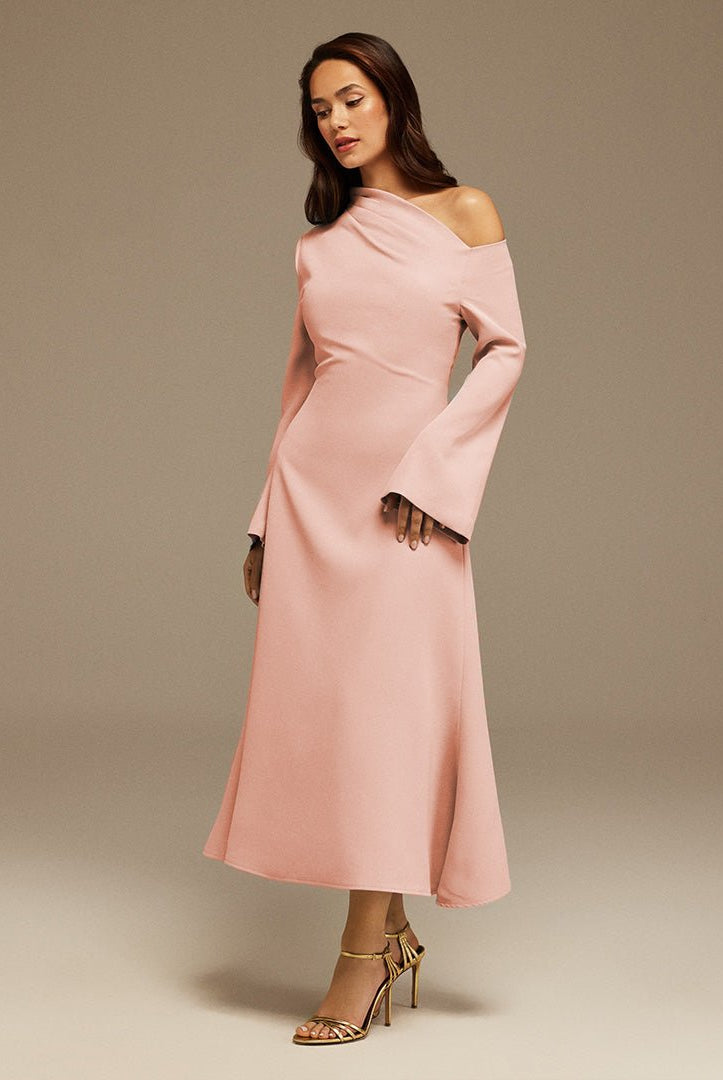 Pink Bare shoulder Crepe Midi dress - shopaleena