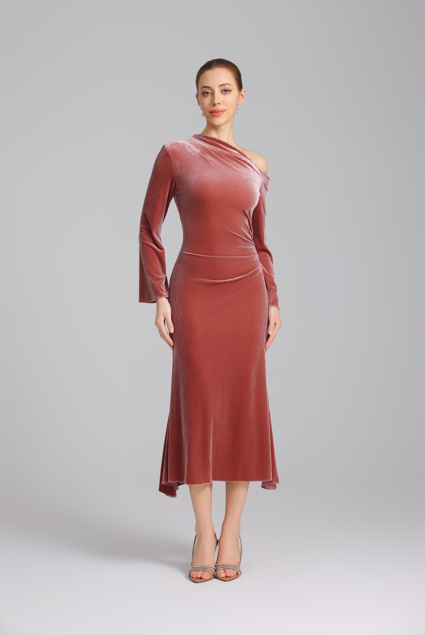 Pink Bare Shoulder Velvet Midi Dress - shopaleena