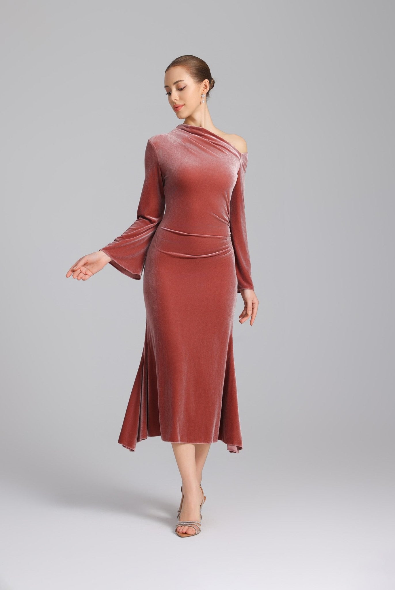 Pink Bare Shoulder Velvet Midi Dress - shopaleena