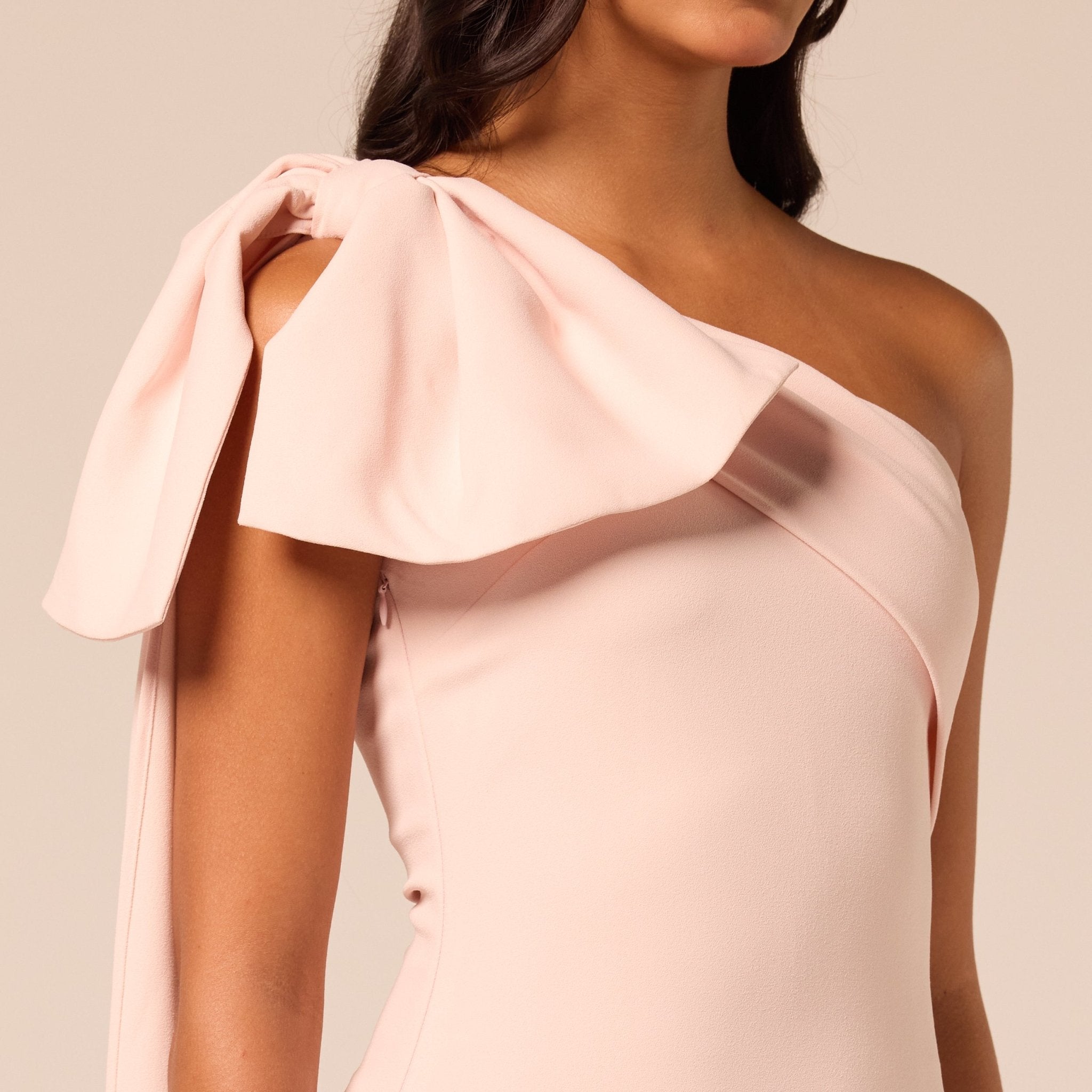 Pink Bow One-Shoulder Crepe Maxi Dress - shopaleena