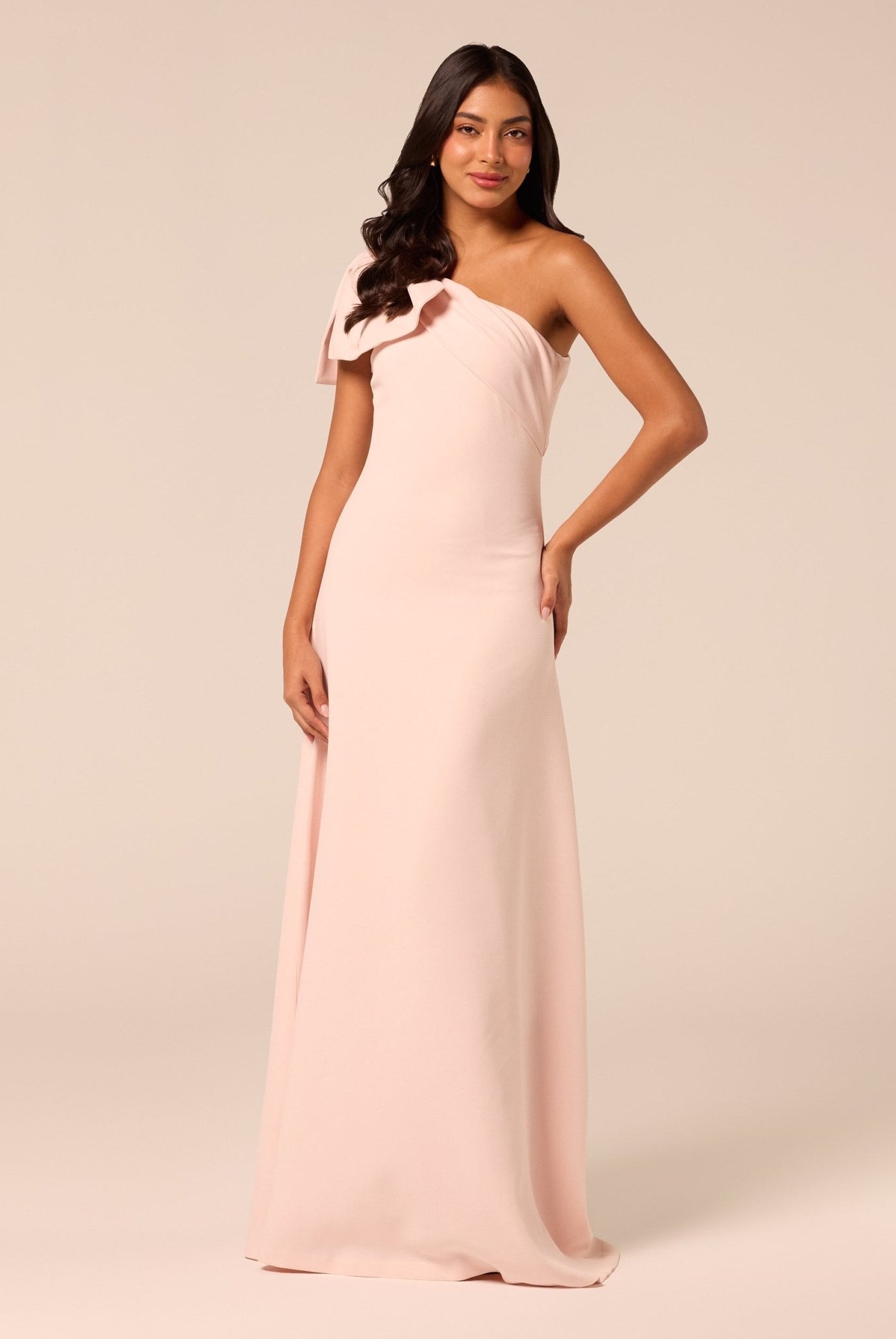 Pink Bow One-Shoulder Crepe Maxi Dress - shopaleena