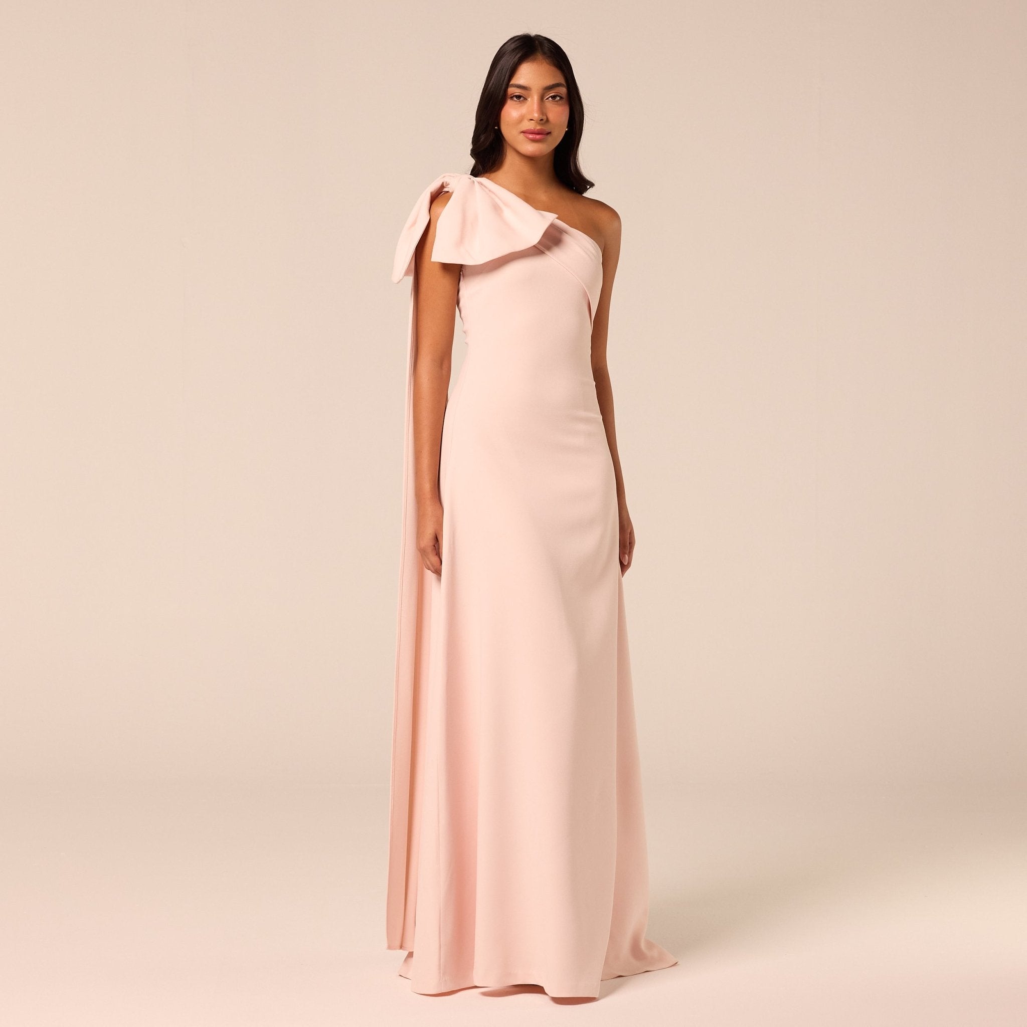 Pink Bow One-Shoulder Crepe Maxi Dress - shopaleena