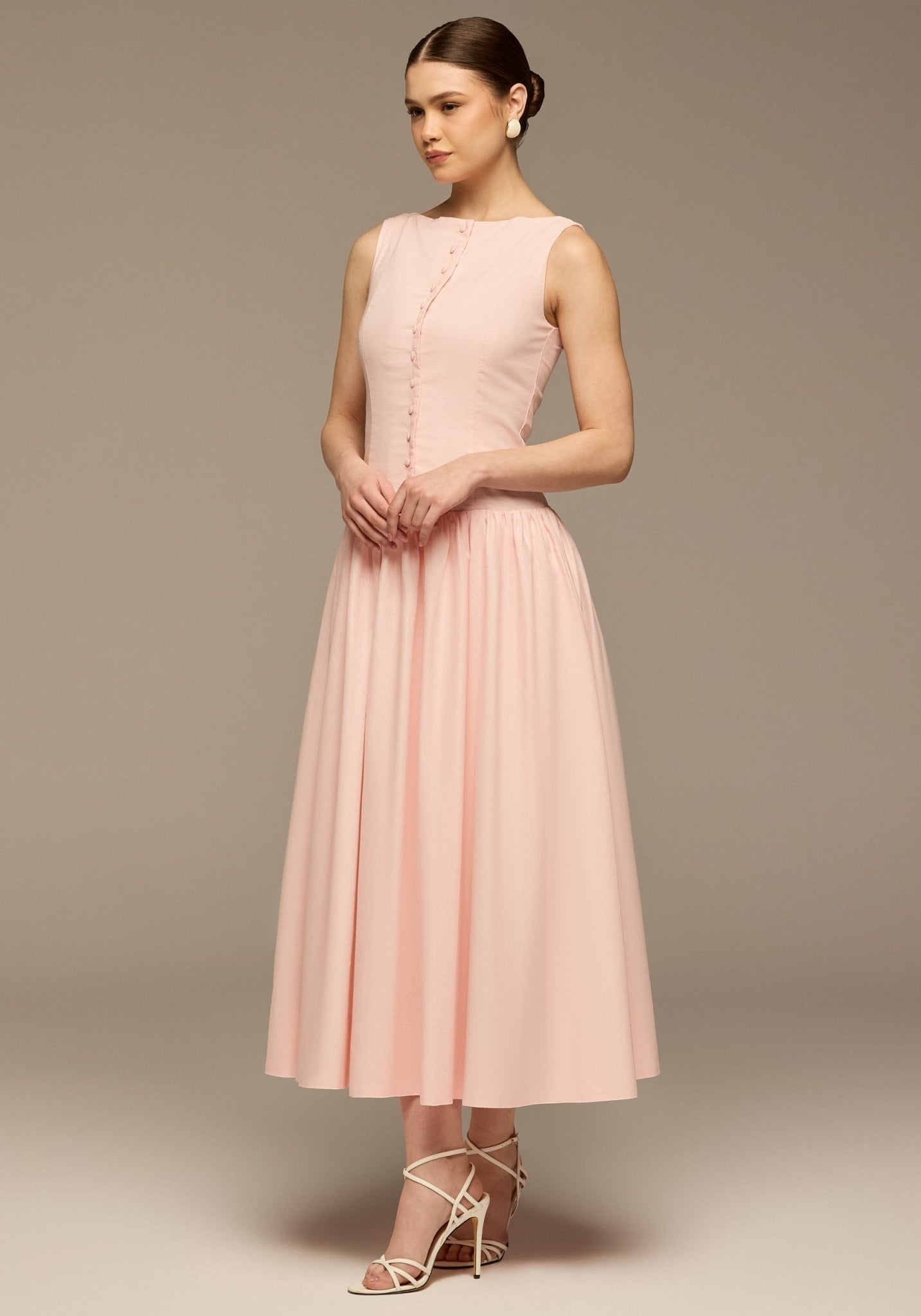Pink Button - Front Linen Midi Dress - shopaleena