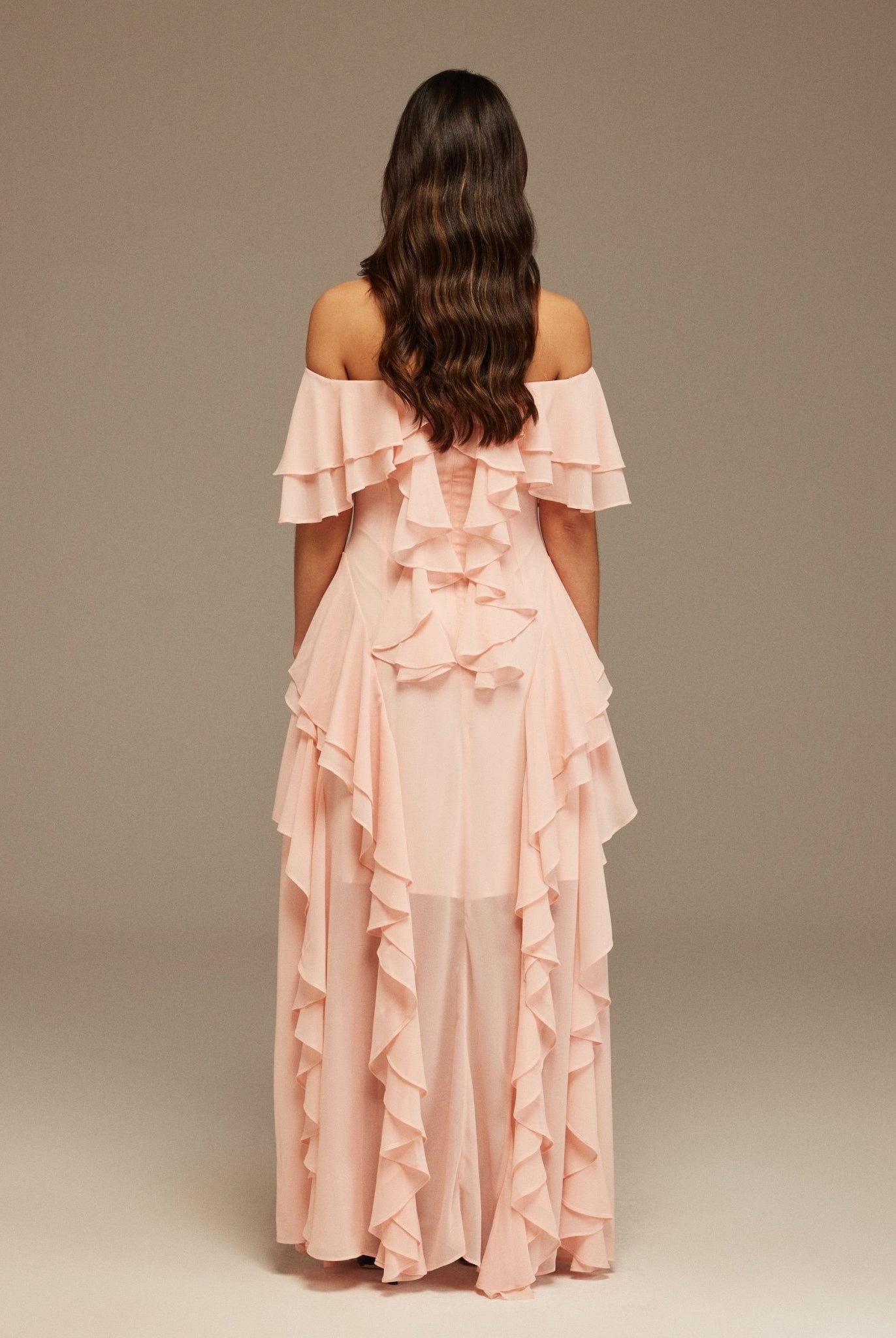Pink Chiffon Off Shoulder Maxi Dress With Ruffles - shopaleena