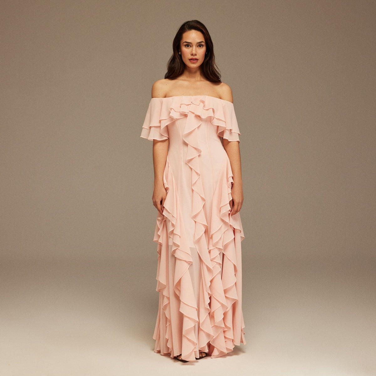 Pink Chiffon Off Shoulder Maxi Dress With Ruffles – shopaleena