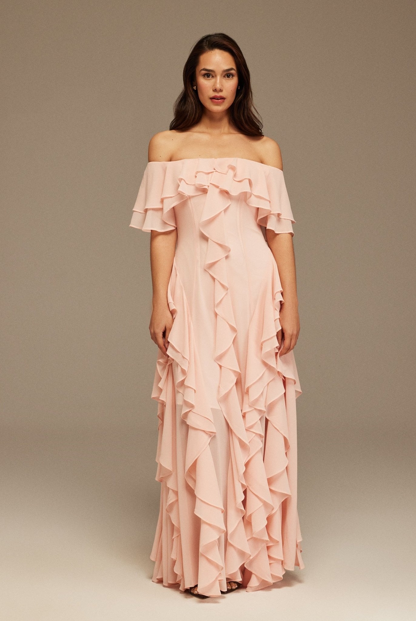 Pink Chiffon Off Shoulder Maxi Dress With Ruffles - shopaleena