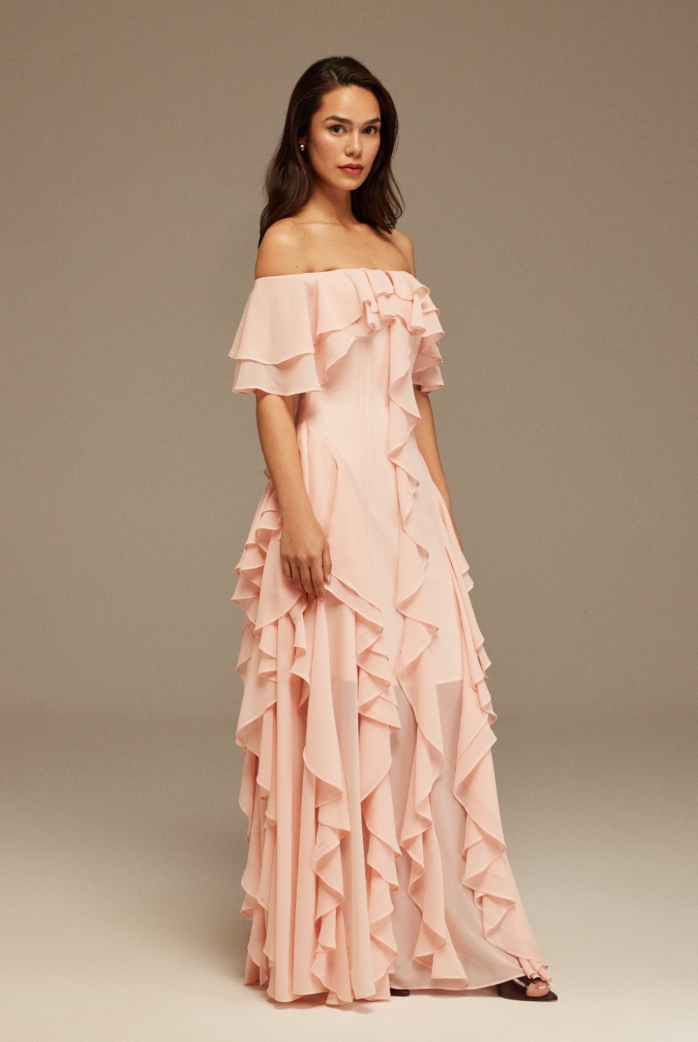 Pink Chiffon Off Shoulder Maxi Dress With Ruffles - shopaleena