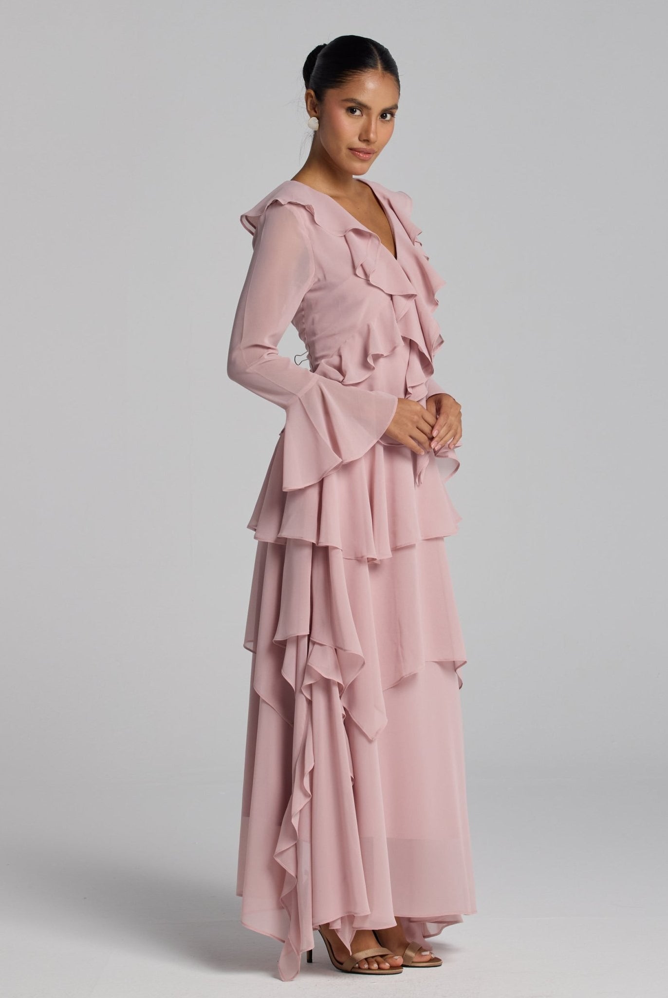 Pink Chiffon Ruffle Maxi Dress - shopaleena