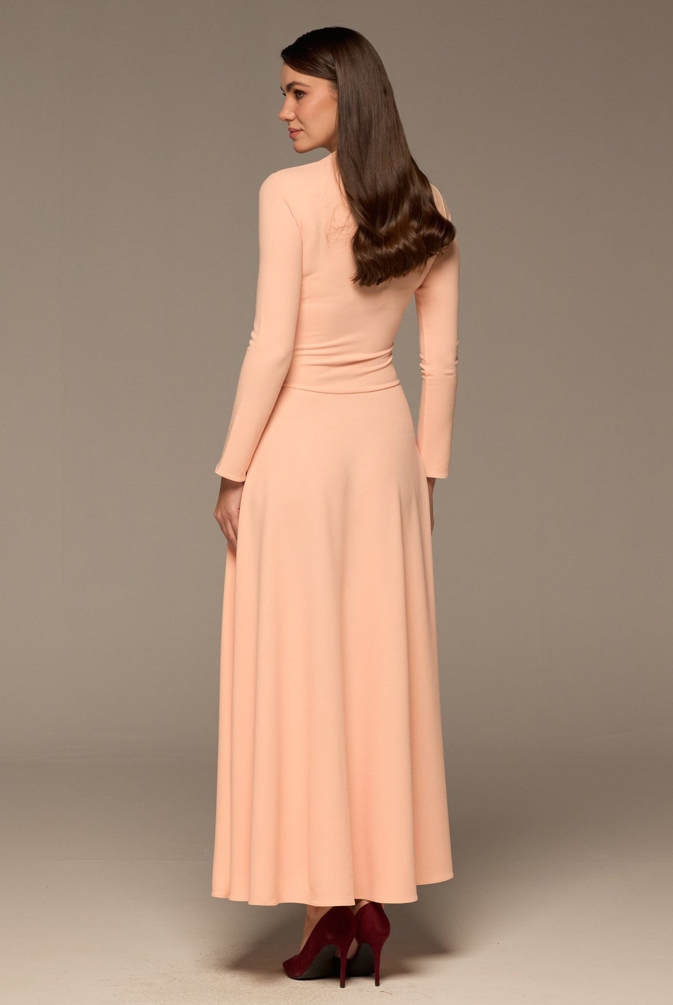 Pink Crepe Draped Asymmetric Neck Maxi Dress - shopaleena