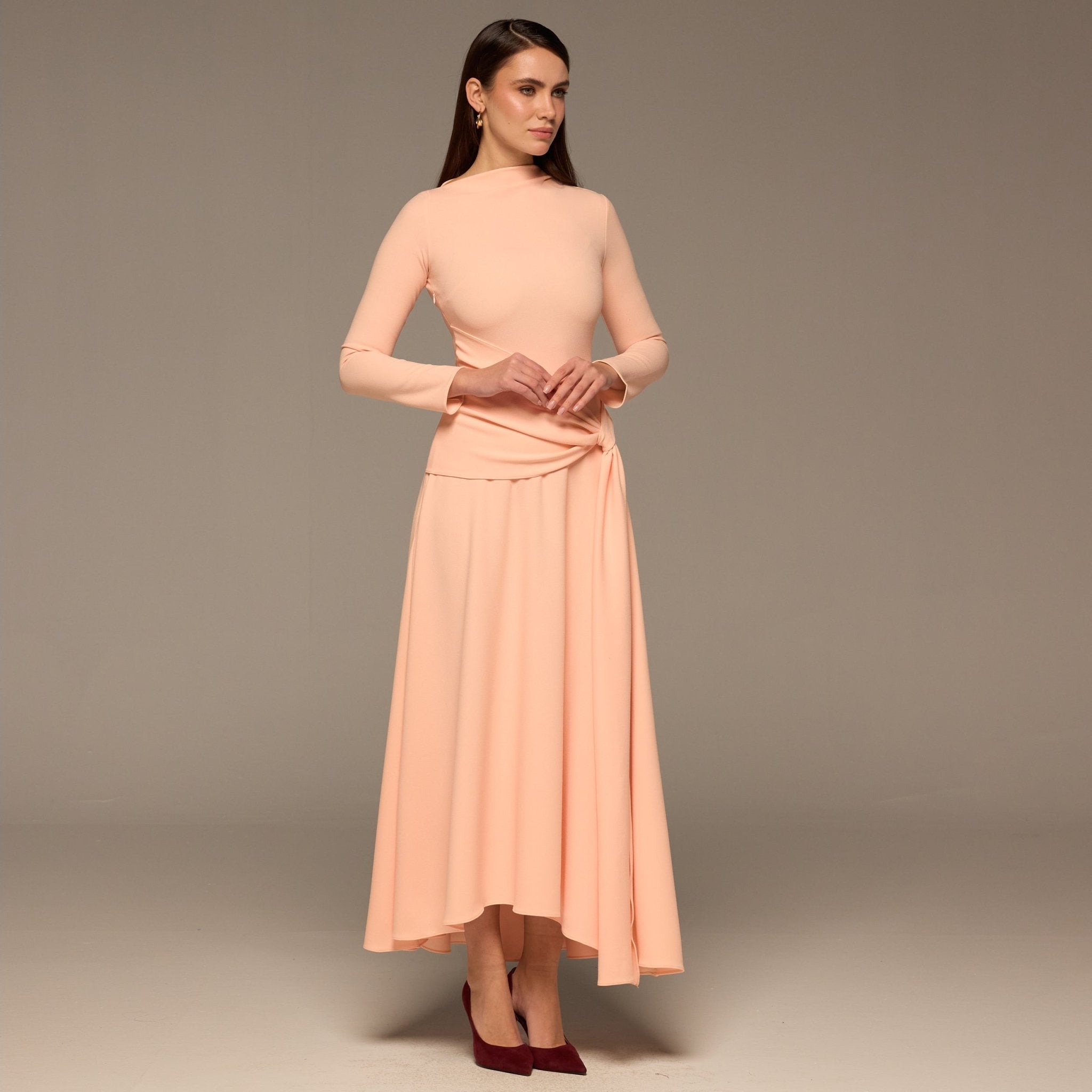 Pink Crepe Draped Asymmetric Neck Maxi Dress - shopaleena