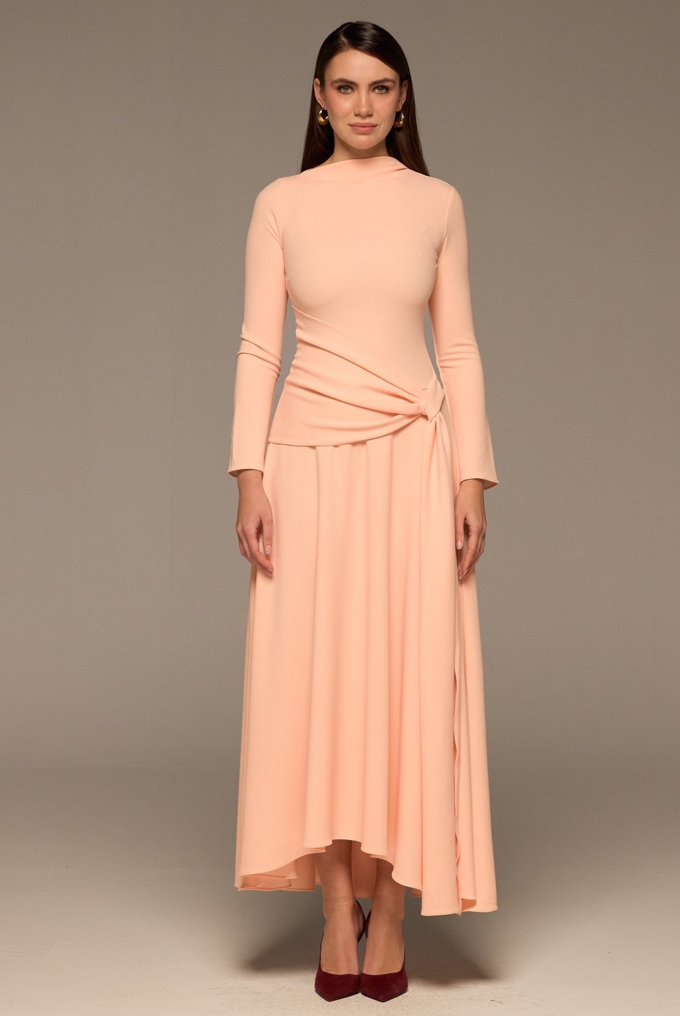Pink Crepe Draped Asymmetric Neck Maxi Dress - shopaleena