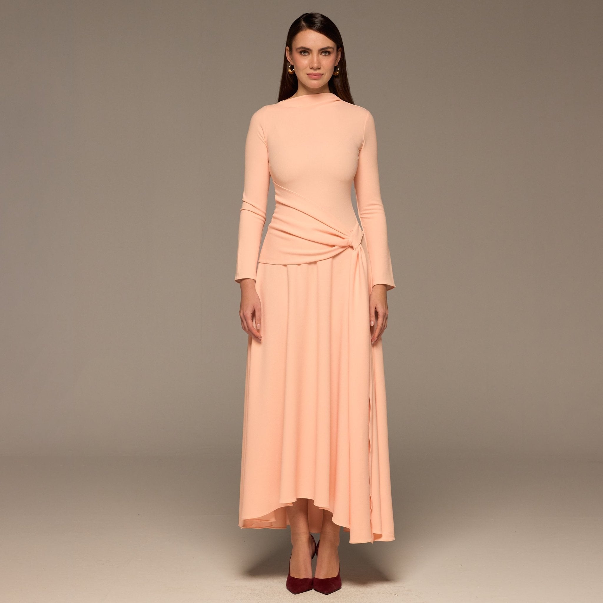 Pink Crepe Draped Asymmetric Neck Maxi Dress - shopaleena