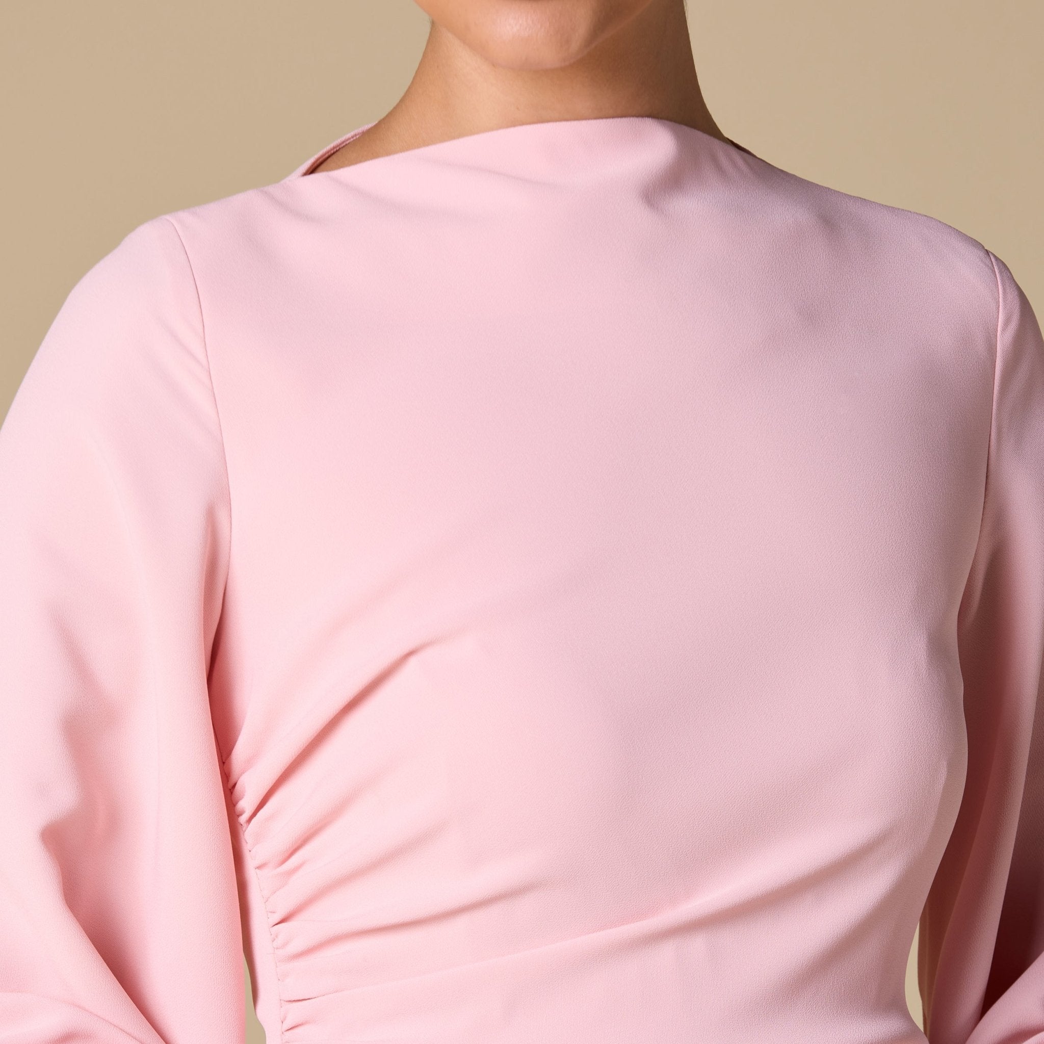 Pink Crepe Draped Midi Dress with dramatic cape sleeves - shopaleena