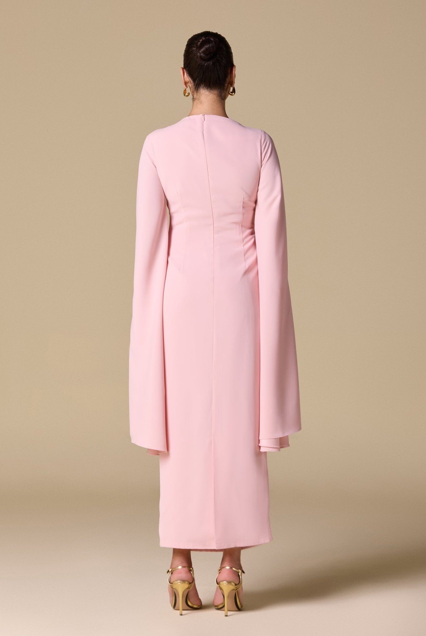 Pink Crepe Draped Midi Dress with dramatic cape sleeves - shopaleena