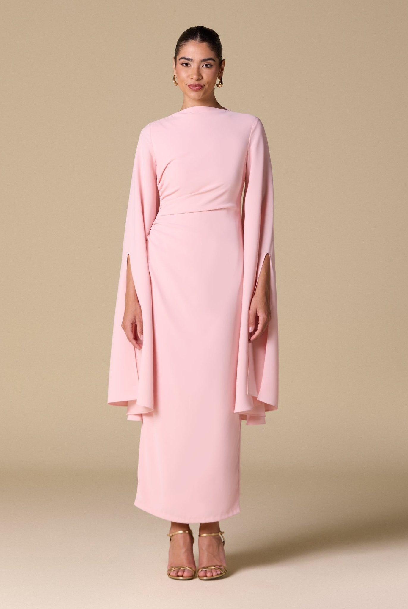 Pink Crepe Draped Midi Dress with dramatic cape sleeves - shopaleena