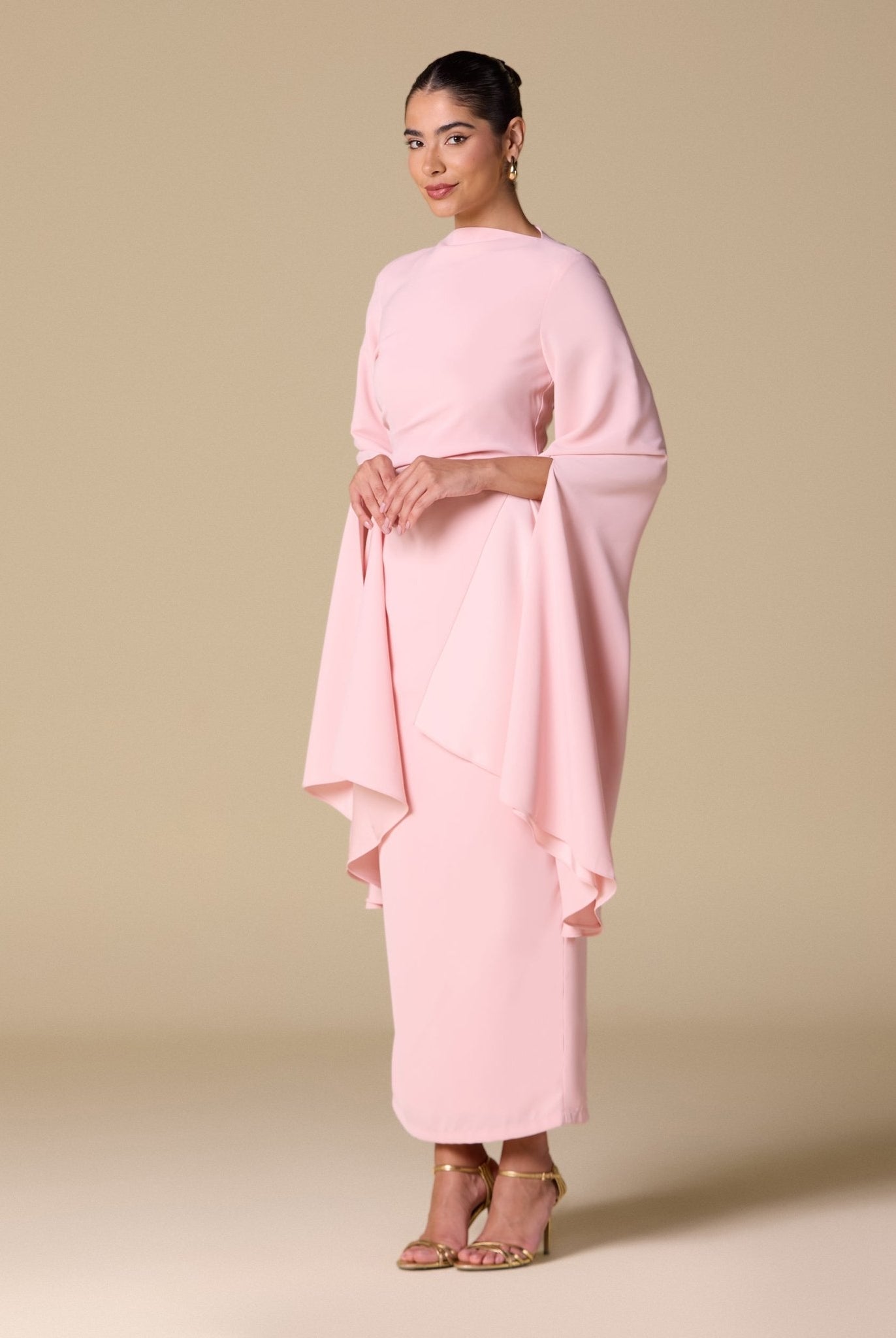 Pink Crepe Draped Midi Dress with dramatic cape sleeves - shopaleena