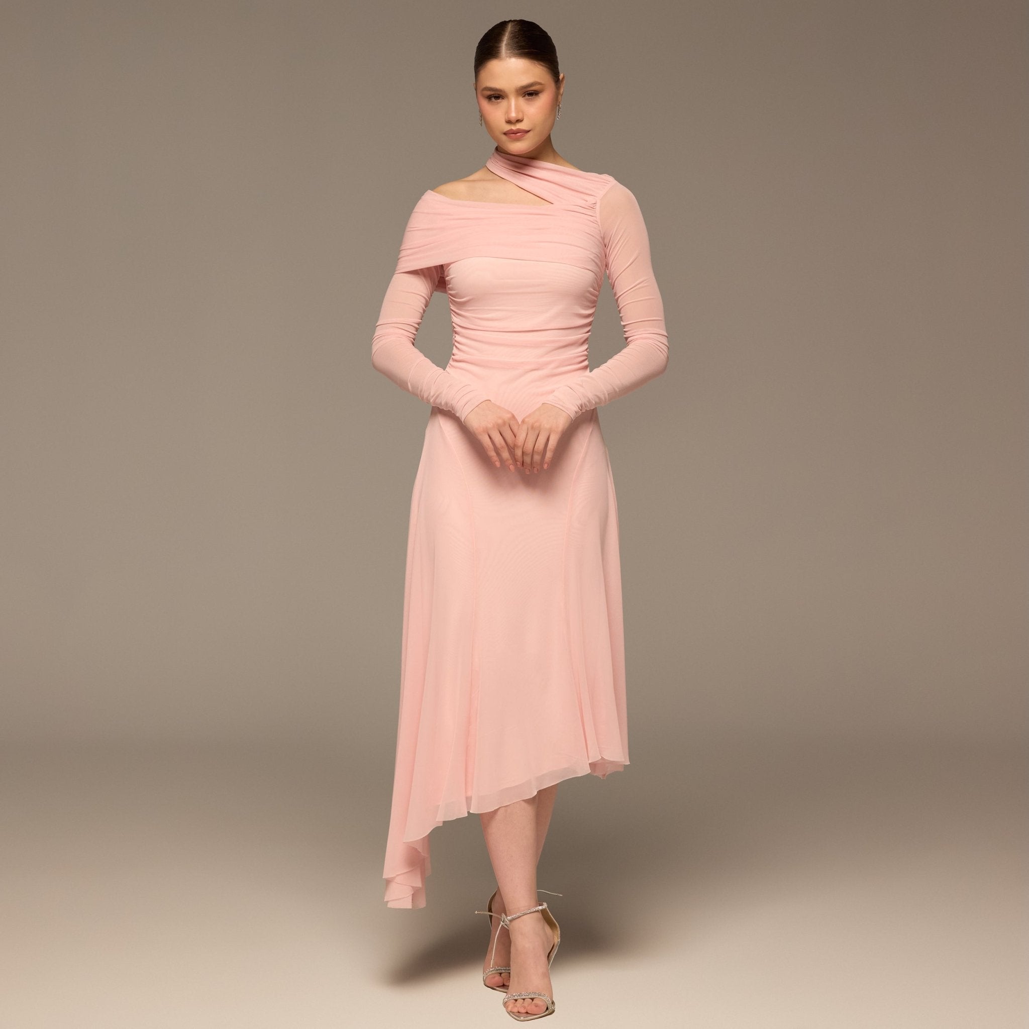 Pink Diagonal Neck Tulle Maxi Dress - shopaleena