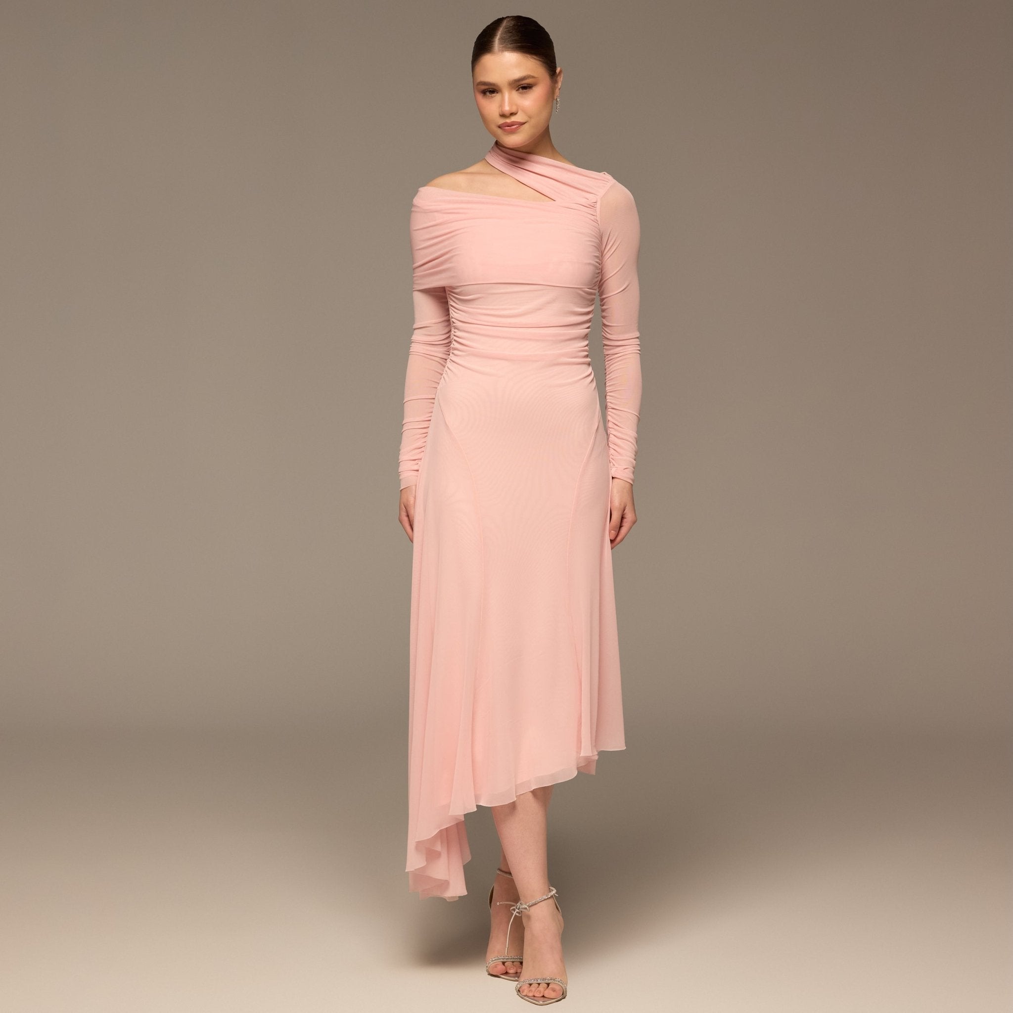 Pink Diagonal Neck Tulle Maxi Dress - shopaleena