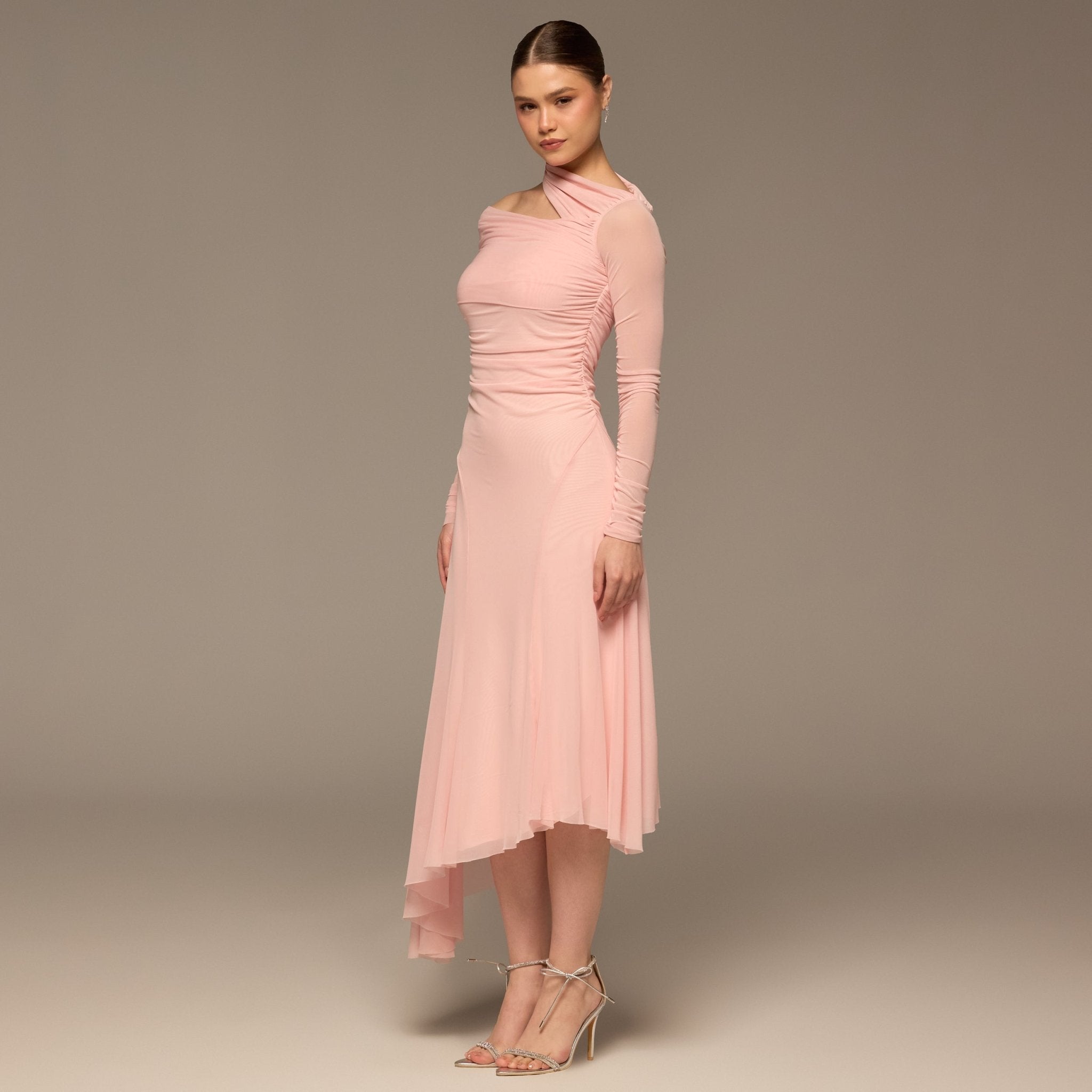 Pink Diagonal Neck Tulle Maxi Dress - shopaleena