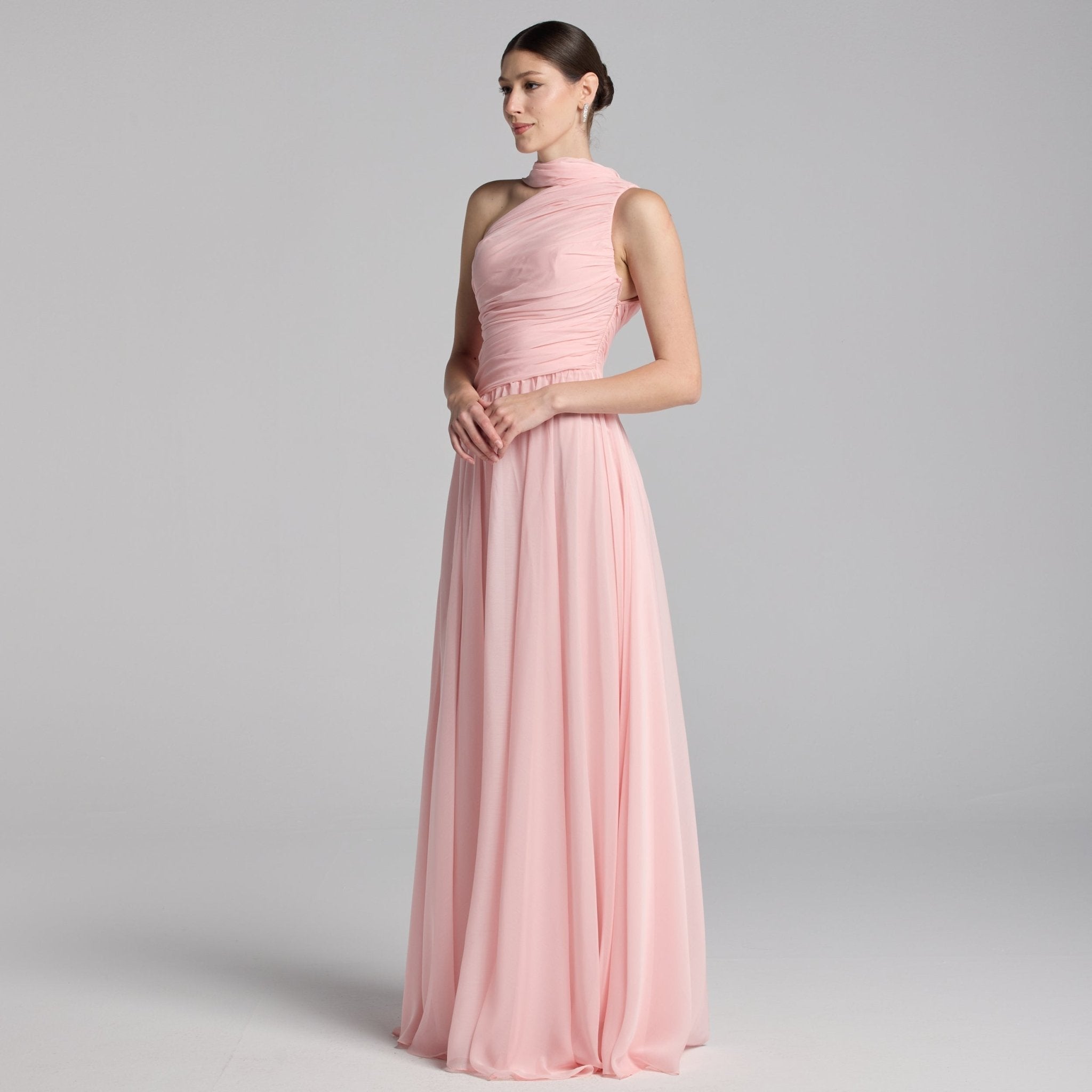 Pink Draped Long One Shoulder Dress - shopaleena