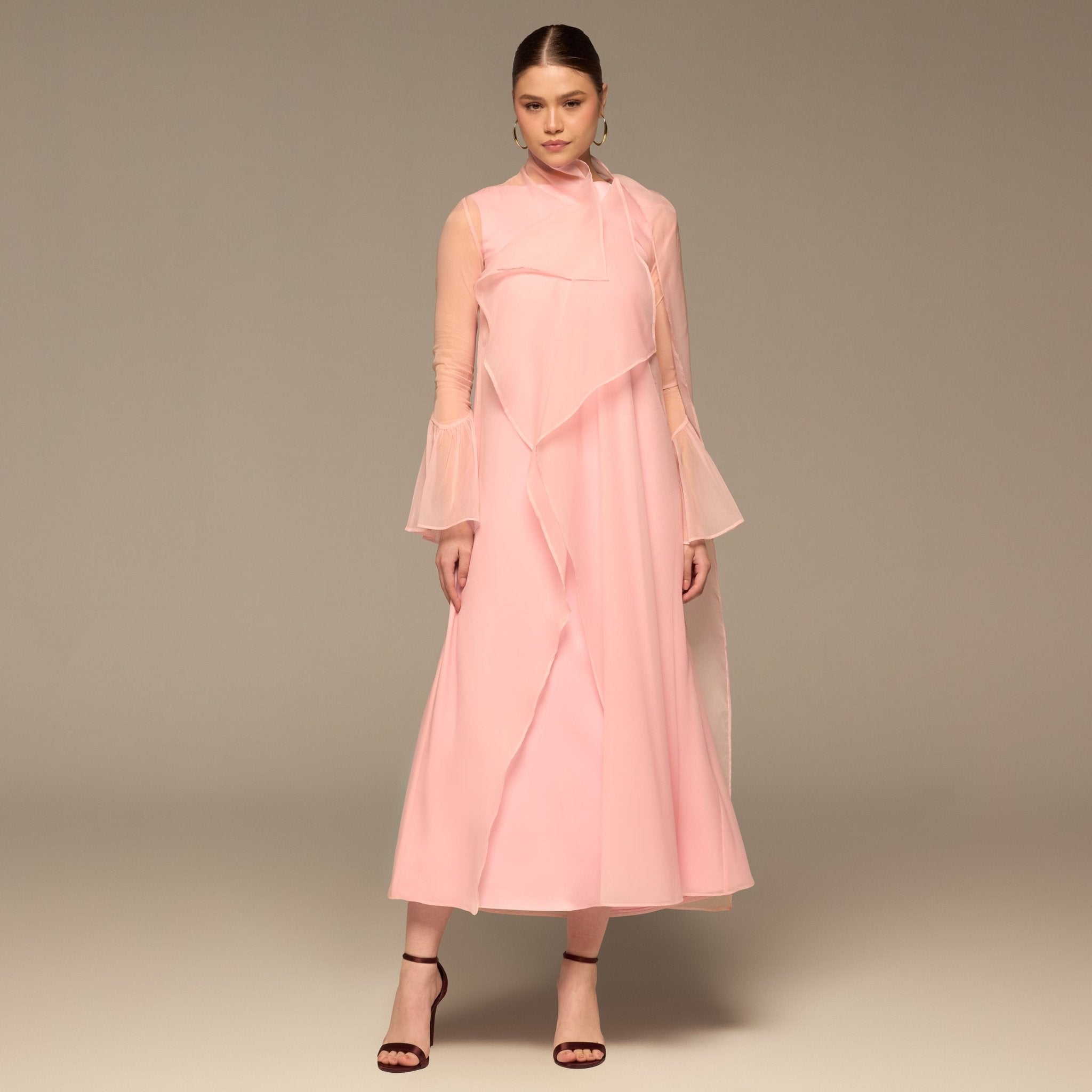 Pink Draped Maxi Dress with Soft Cape Overlay - shopaleena