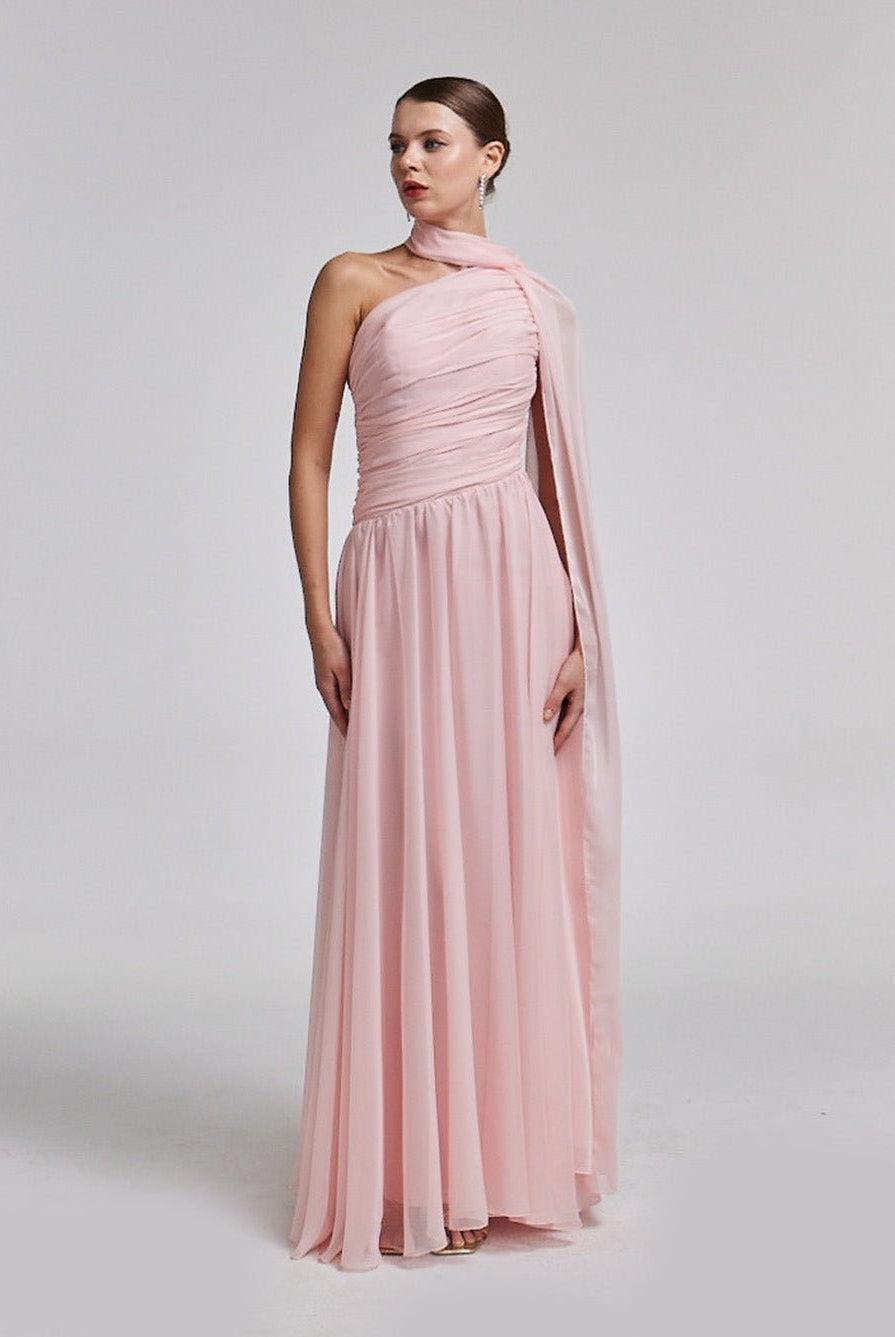 Pink Drapped Long One Shoulder Dress - shopaleena