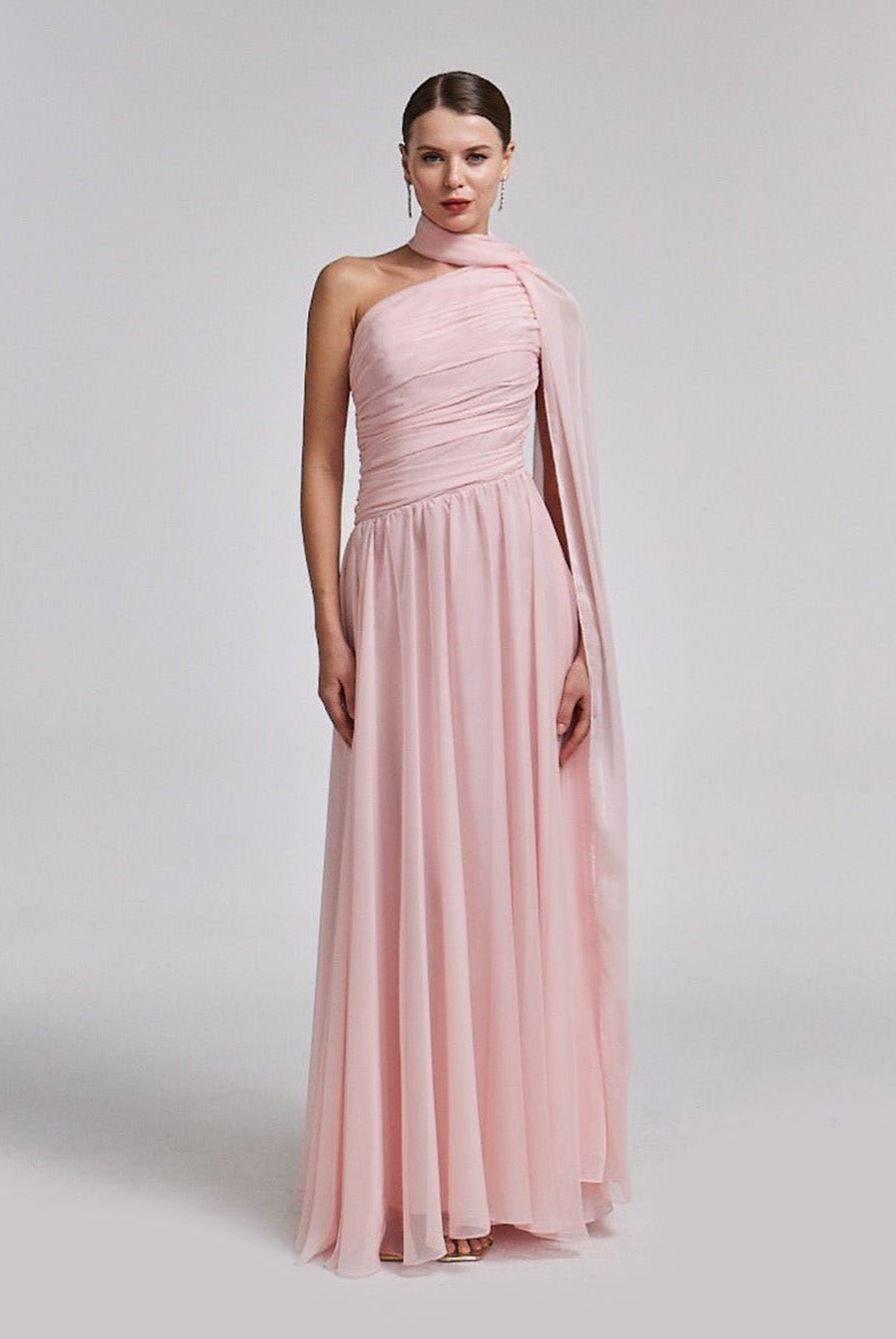 Pink Drapped Long One Shoulder Dress - shopaleena