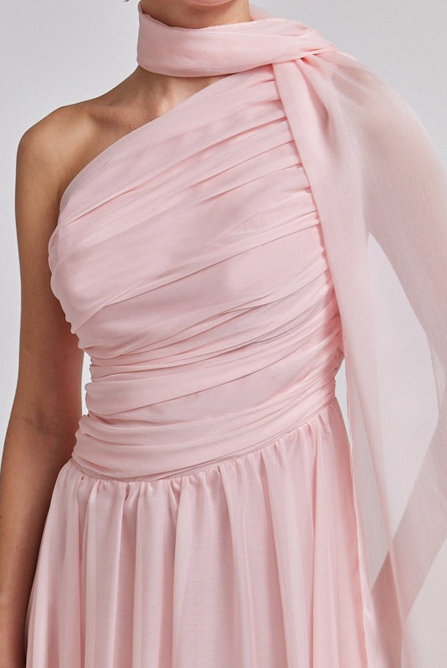 Pink Drapped Long One Shoulder Dress - shopaleena