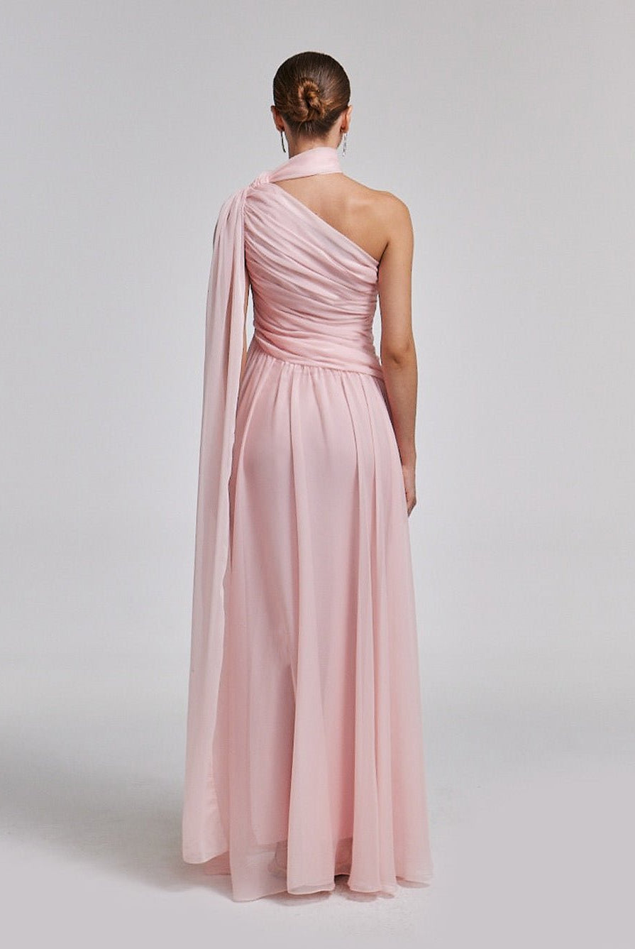 Pink Drapped Long One Shoulder Dress - shopaleena