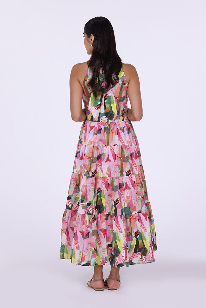 Pink Dress with Green Printed Back Bow Maxi Dress - shopaleena